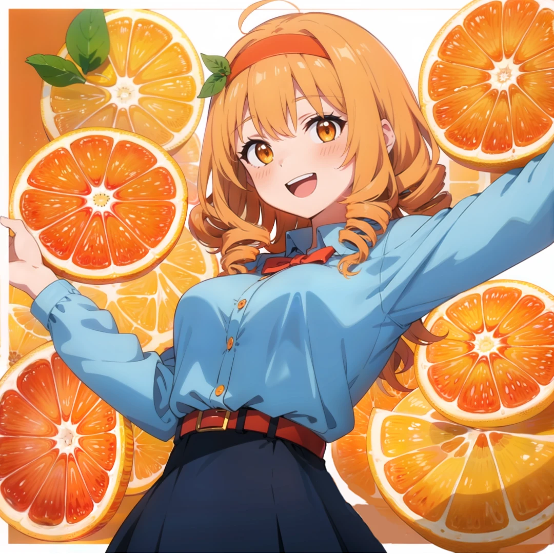 best quality, (anime screencap, anime coloring,:1.1)
(orange slice, vivid_fruits, :1.3), colorful,
1girl, solo,
(cowboy shot:1.1), (upper body:1.1),
white background, simple background,  (white border:1.2),  ,
(mature female ,madame,:1.2),
:d
1girl, orange nails, solo, orange hair, smile, hair ornament, long hair, orange (fruit), belt, looking at viewer, orange eyes, shirt, drill hair, breasts, food, food-themed hair ornament, fruit, hairband, blush, bangs, long sleeves, closed mouth,
BREAK, indigo blue shirt,  , upper body,buttons, skirt,
(arm behind :1.2),