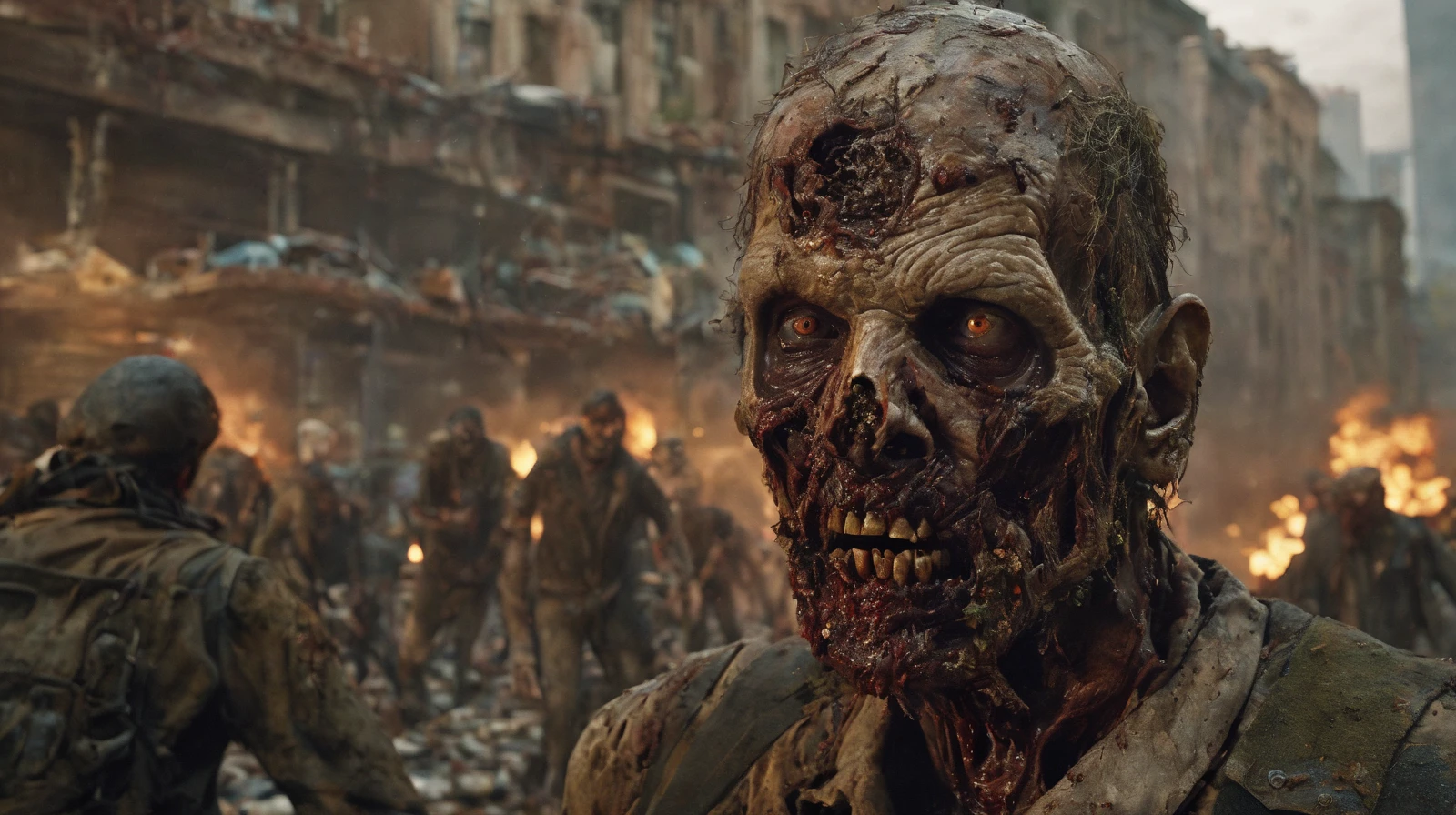 In an award-winning upper body portrait photo, a male zombie emerges, capturing the grim reality of the post-apocalyptic cityscape. The zombie's face is meticulously detailed and rendered with ultra-realism. Pieces of decaying flesh hang off, revealing fragments of his skull, while his white, dead eyes penetrate the viewer's soul. The lighting is carefully crafted to be harsh and cinematic, casting dramatic shadows that accentuate the texture and decay of his skin.
The backdrop portrays a large, old, and decayed city on the brink of collapse. Rust and deterioration are evident, as overgrown plants reclaim the space, symbolizing the desolation of the once-thriving city. The composition is symmetrical, amplifying the sense of hopelessness and despair that permeates the scene.
In the distance, a large group of zombies walks through the overgrown city streets. Each zombie is highly detailed, with intricately rendered hair, eyes, and skin, intensifying the horror of their undead existence. The overall color palette is dark and muted, adding to the somber and macabre ambiance of the post-apocalyptic world.
The artwork is illuminated with cinematic lighting techniques, utilizing ray tracing and volumetric lighting to enhance the realism and atmosphere, The high-resolution image captures every minute detail, including the texture of decaying skin, the pores, and the chilling coldness of the zombie's appearance, nsfw,
The final artwork should be a photorealistic and highly detailed representation, evoking a sense of horror and despair. Techniques such as depth of field and textured skin should be employed to add depth and realism to the image, immersing the viewer in the disturbing nature of the zombie apocalypse., White dead eyes, best quality, ultra-detailed, high res, perfect face, lighting, ray tracing, realistic, depth of field, High detail RAW color, 
bloody, detailed, intricate, rotting zombie, photorealistic, decay skin, overgrown plants, perfect anatomy, Unreal Engine, ultra realistic skin, ultra realistic face, ultra realistic background, ultra realistic Environmental,
lost place, dark, Zombie, disturbing, zombie Apocalypse, realistic, highly detailed, cinematic light, falling apart, realistic, symmetrical, highly detailed, harsh lighting, cinematic lighting, contrast, textured skin, cold skin pores, hasselblad, hard light, gigapixel, 85mm, F/4, Large group of zombies walking in the background, photorealistic, dark, sad, highly detailed hair, highly detailed eyes, highly detailed skin,
intricate details, hdr, hyperdetailed, cinematic, dark shot, muted colors, RTX, full details, High-Quality Artwork, ultra realistic, Wide angle Environmental,
volumetric lighting, highly detailed, horror, sharp focus, extremely detailed, photorealistic, RAW image, 8k high resolution, RAW candid cinema, 16mm, color graded Portra 400 film, ultra realistic, cinematic film still, subsurface scattering, ray tracing, volumetric lighting, guts, badass, blood on the ground, epic, masterpiece, best quality, highres, intricate detail, cinematic lighting, fantasy, intricate, elegant, Highly detailed graphic designs, High-Quality Artwork, ultra realistic, 8k render,
 highly detailed, dark fantasy, horror, cataclysmic, absurdres, best quality, digital art style <lora:greg_rutkowski_xl_2:0.78543>