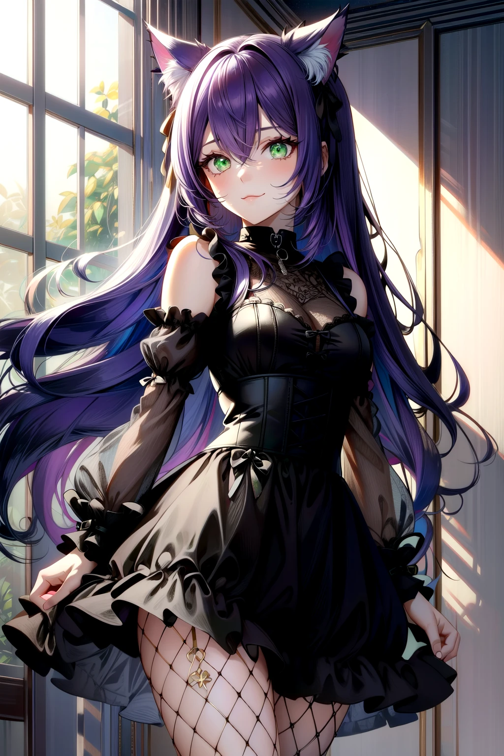 (;3:1.2),gothic,catgirl,cat ears,cat tail,slit pupils,fishnets,see-through,see-through sleeves,(purple hair:1.2),(green eyes:1.2),<lora:EnvyPastelGoth01:0.9>,pastel goth,