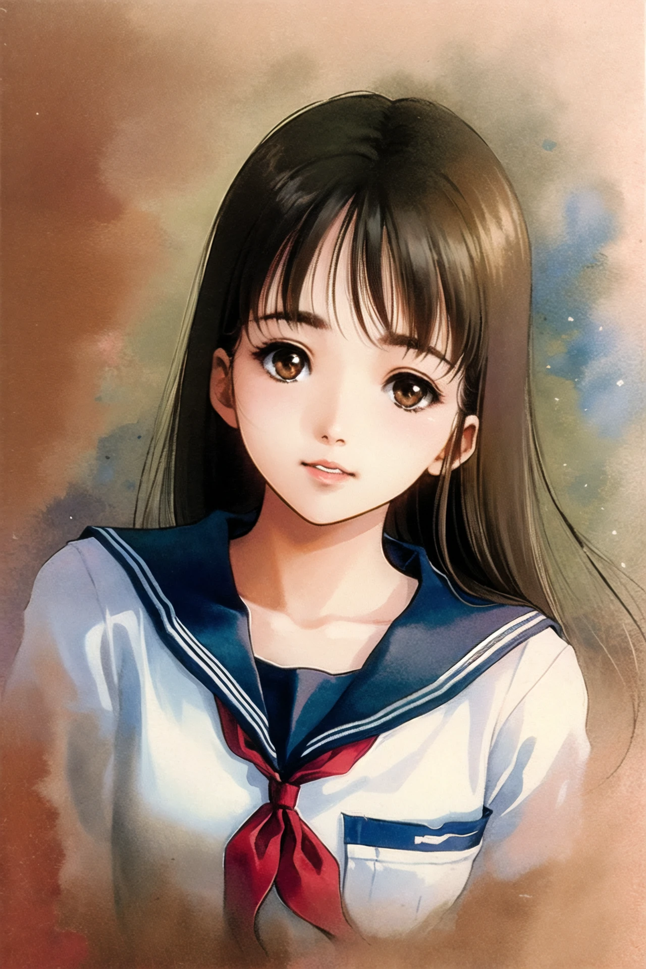 1girl, solo, school uniform, flower, serafuku, brown eyes, long hair, brown hair, lips, watercolor \(medium\),  <lora:ç¾æ æ¬æ´å½¦V3:1>