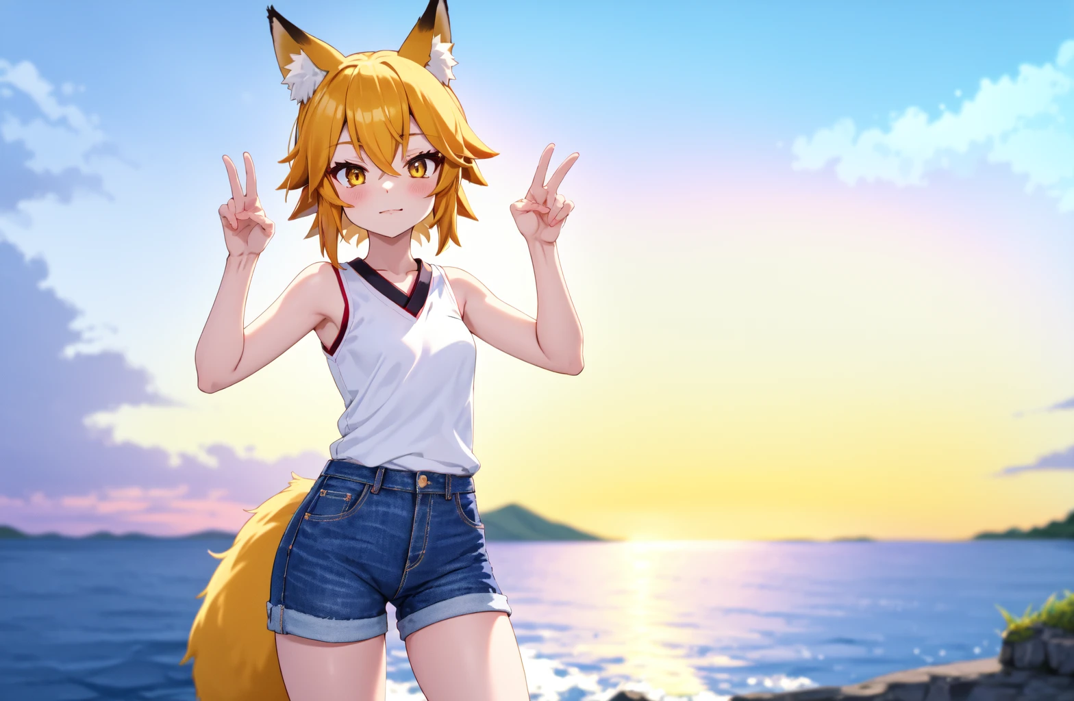 (a small male cub humanoid fennec fox boy with light brown hair and yellow fur), wearing a tight school black swim shorts, happy, blush, dynamic angle. swimming pool, water drops, sweat drops, shining, simmering, splendid