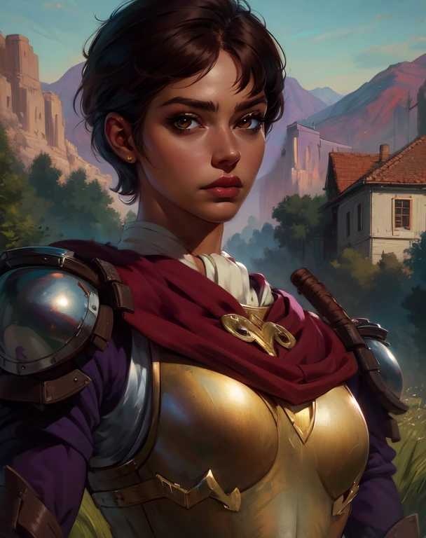 casca,brown eyes,brown hair,short hair,
armor,shoulder pads,red cape,purple pants,
standing,upper body,
camp,plains,looking at viewer,
(insanely detailed, beautiful detailed face, masterpiece, best quality),<lora:casca:0.8>,