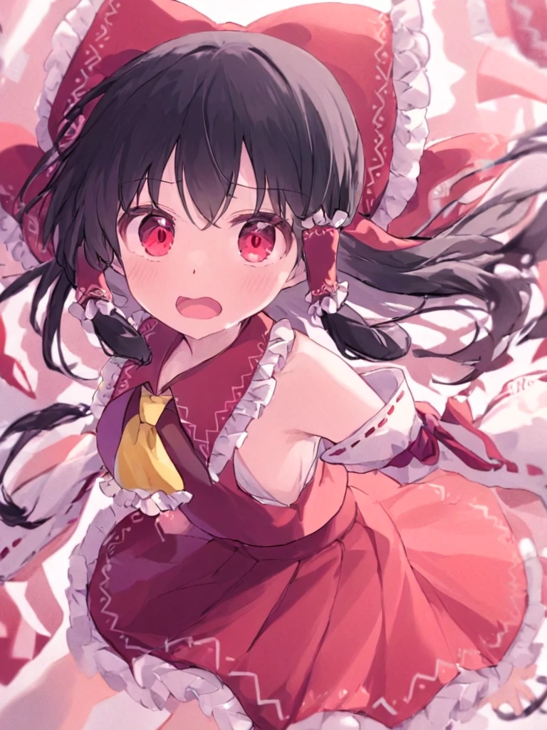 <lora:å
ä¸½çµæ¢¦:1>,1girl, hakurei_reimu, solo, red_eyes, bow, detached_sleeves, ascot, hair_bow, red_bow, hair_tubes, ribbon_trim, long_hair, ribbon-trimmed_sleeves, skirt, red_skirt, black_hair, yellow_ascot, looking_at_viewer, open_mouth, frills, bare_shoulders, frilled_bow, :o, bangs, red_vest, sidelocks, frilled_hair_tubes, skirt_set, nontraditional_miko, wide_sleeves, shirt