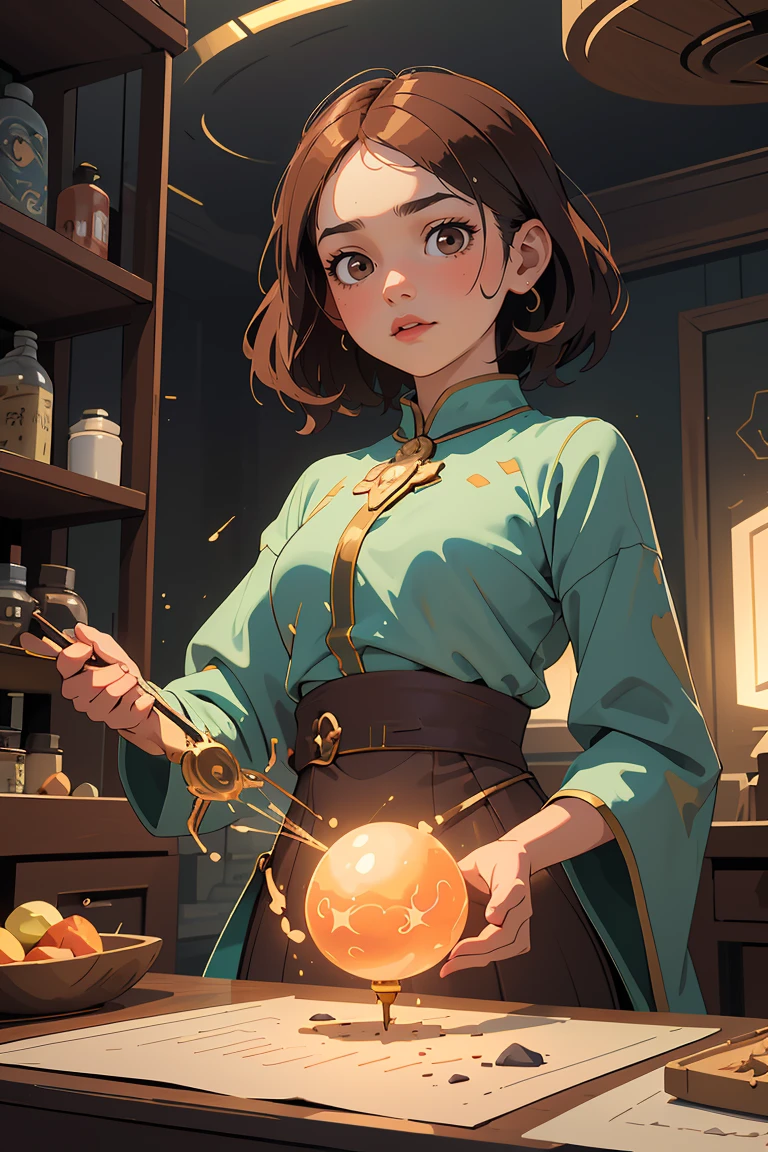 (masterpiece, best quality), female eighteen, curvaceous, russian, dark brown eyes, unique cheeks, unusual forehead, , light auburn
wavy haircut hair, hope
, sorting magical ingredients with precision, preparing spell components,
chronomancer, psychic powers, retrofuturism , arcane balance, balanced posture, drawing from inner magic, radiant aura
, halo, a picturesque countryside, with rolling hills, green meadows, and grazing animals