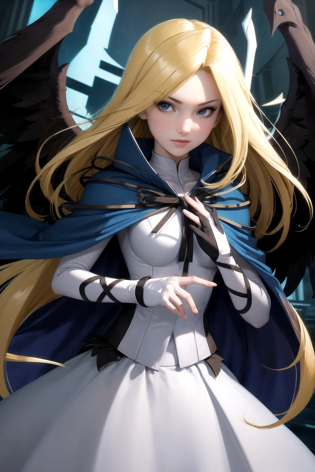 <lora:RtPL-Malice-06:0.8> malice_(riviera), black_wings, blonde_hair, long_hair, blue_cape, white_dress, angel_wings, gloves,, beautiful, (masterpiece:1.2), (best quality:1.2), perfect eyes, perfect face,<lora:perfectfingers:1.0>