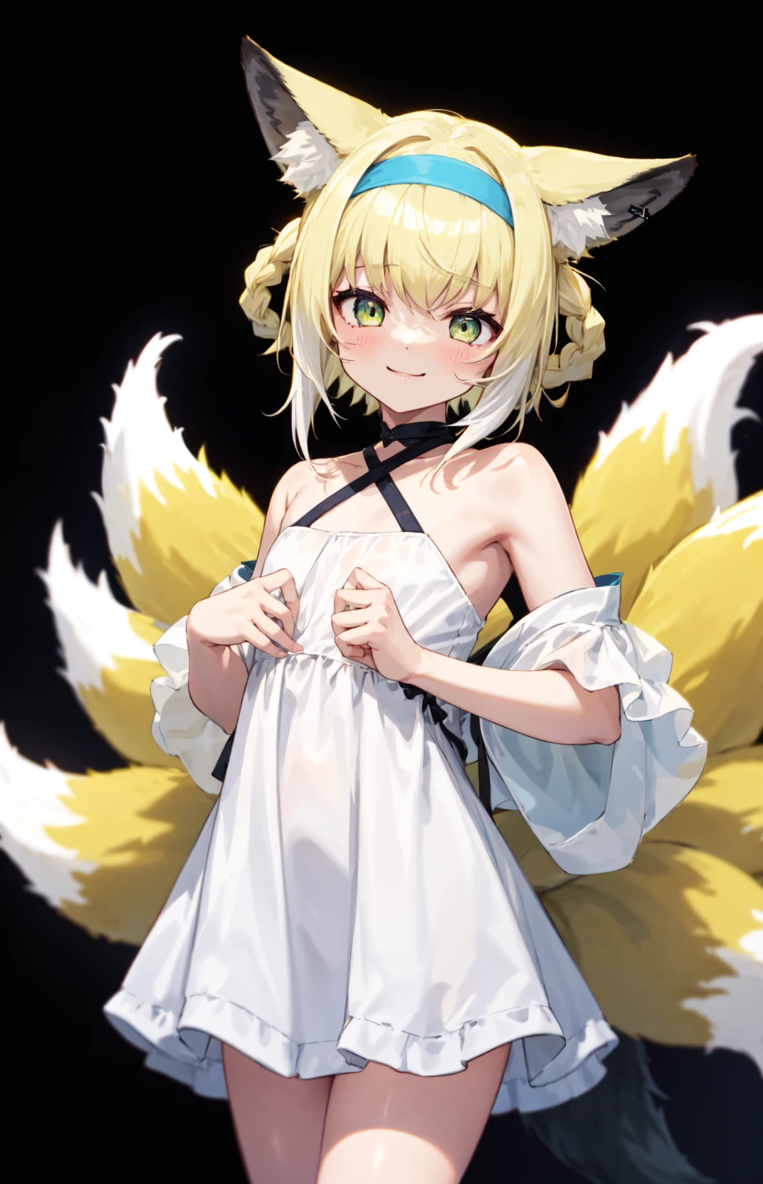 1girl, suzuran \(arknights\), animal ear fluff, green eyes, blonde hair, blue hairband, braided hair rings, fox ears, fox girl, fox tail, kitsune, multiple tails, flat chest, happy,
light transparent summer dress, bare shoulders, bare hands,
black background