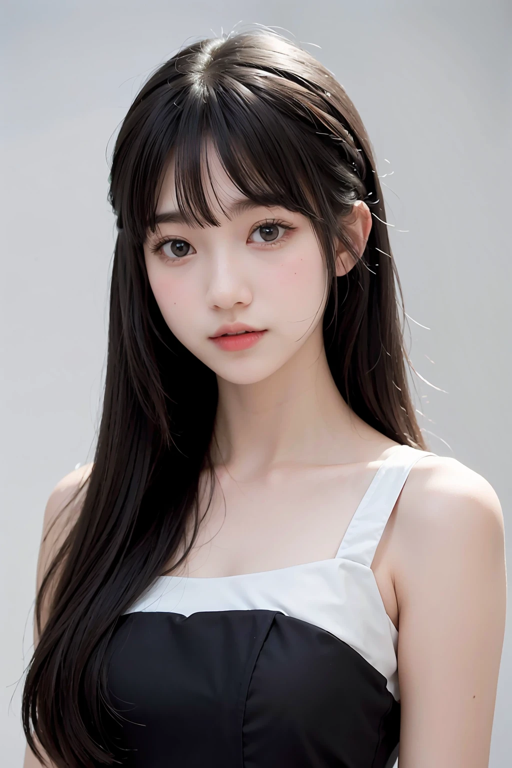 1girl,hair with bangs,black long dress,white background, <lora:tanhjm-02:1>