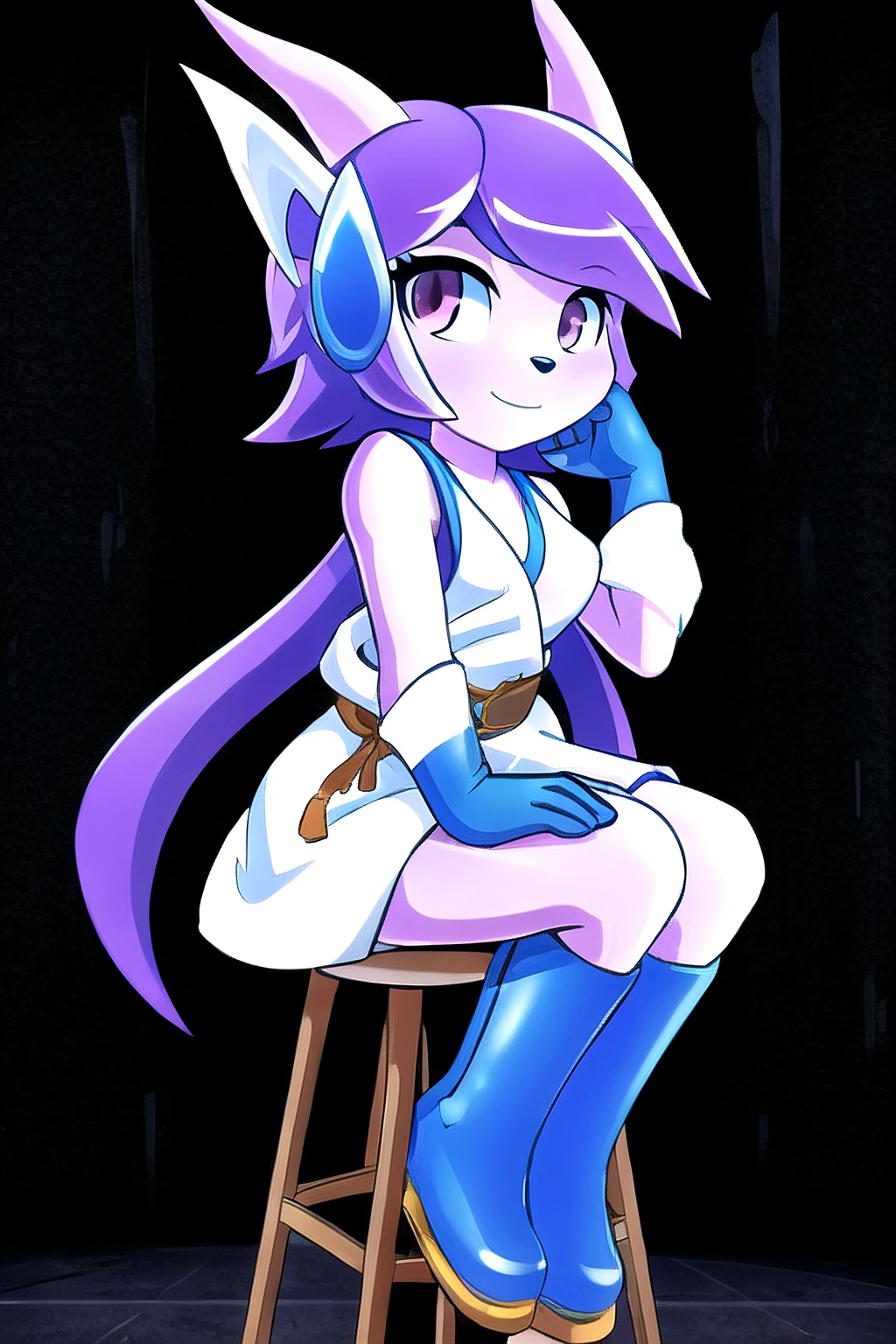 best quality, <lora:Sash Lilac V1:0.8> sash lilac, sitting, stool, dark environment, long bangs, white sleeveless robe, blue boots, blue-white gloves,