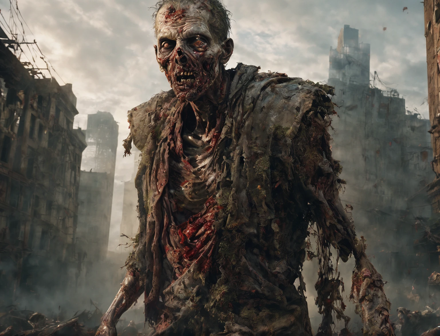 In an award-winning upper body portrait photo, a male zombie emerges, capturing the grim reality of the post-apocalyptic cityscape. The zombie's face is meticulously detailed and rendered with ultra-realism. Pieces of decaying flesh hang off, revealing fragments of his skull, while his white, dead eyes penetrate the viewer's soul. The lighting is carefully crafted to be harsh and cinematic, casting dramatic shadows that accentuate the texture and decay of his skin.
The backdrop portrays a large, old, and decayed city on the brink of collapse. Rust and deterioration are evident, as overgrown plants reclaim the space, symbolizing the desolation of the once-thriving city. The composition is symmetrical, amplifying the sense of hopelessness and despair that permeates the scene.
In the distance, a large group of zombies walks through the overgrown city streets. Each zombie is highly detailed, with intricately rendered hair, eyes, and skin, intensifying the horror of their undead existence. The overall color palette is dark and muted, adding to the somber and macabre ambiance of the post-apocalyptic world.
The artwork is illuminated with cinematic lighting techniques, utilizing ray tracing and volumetric lighting to enhance the realism and atmosphere, The high-resolution image captures every minute detail, including the texture of decaying skin, the pores, and the chilling coldness of the zombie's appearance.
The final artwork should be a photorealistic and highly detailed representation, evoking a sense of horror and despair. Techniques such as depth of field and textured skin should be employed to add depth and realism to the image, immersing the viewer in the disturbing nature of the zombie apocalypse., White dead eyes, best quality, ultra-detailed, high res, perfect face, lighting, ray tracing, realistic, depth of field, High detail RAW color, 
bloody, detailed, intricate, rottingzombie person, photorealistic, decay skin, overgrown plants, perfect anatomy, Unreal Engine, 
lost place, dark, Zombie, disturbing, zombie Apocalypse, realistic, highly detailed, cinematic light, falling apart, realistic, symmetrical, highly detailed, harsh lighting, cinematic lighting, contrast, textured skin, cold skin pores, hasselblad, hard light, gigapixel, 85mm, F/4, Large group of zombies walking in the background, photorealistic, dark, sad, highly detailed hair, highly detailed eyes, highly detailed skin,
intricate details, hdr, hyperdetailed, cinematic, dark shot, muted colors, RTX, full details, High-Quality Artwork, ultra realistic, Wide angle Environmental,
volumetric lighting, highly detailed, horror, sharp focus, extremely detailed, photorealistic, RAW image, 8k high resolution, RAW candid cinema, 16mm, color graded Portra 400 film, ultra realistic, cinematic film still, subsurface scattering, ray tracing, volumetric lighting, guts, badass, blood on the ground, epic, masterpiece, best quality, highres, intricate detail, cinematic lighting, fantasy, intricate, elegant, Highly detailed graphic designs, High-Quality Artwork, ultra realistic, 8k render,
 highly detailed, dark fantasy, horror, cataclysmic, absurdres, best quality, digital art style <lora:greg_rutkowski_xl_2:0.78543>