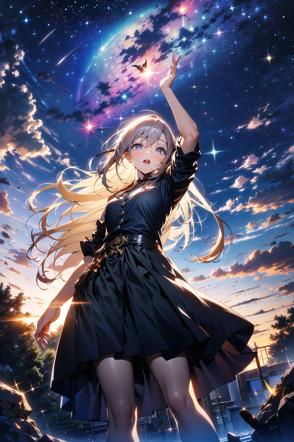 absurdres, highres, (official art, beautiful and aesthetic:1.2), close view, arm up from below
1girl, shining sky, vast world, gazing, awe-inspiring expression, distant horizon, clouds, high hill, natural beauty, inspiration, night sky, Shining Stars,
<lora:apstyle:0.5>apstyle
