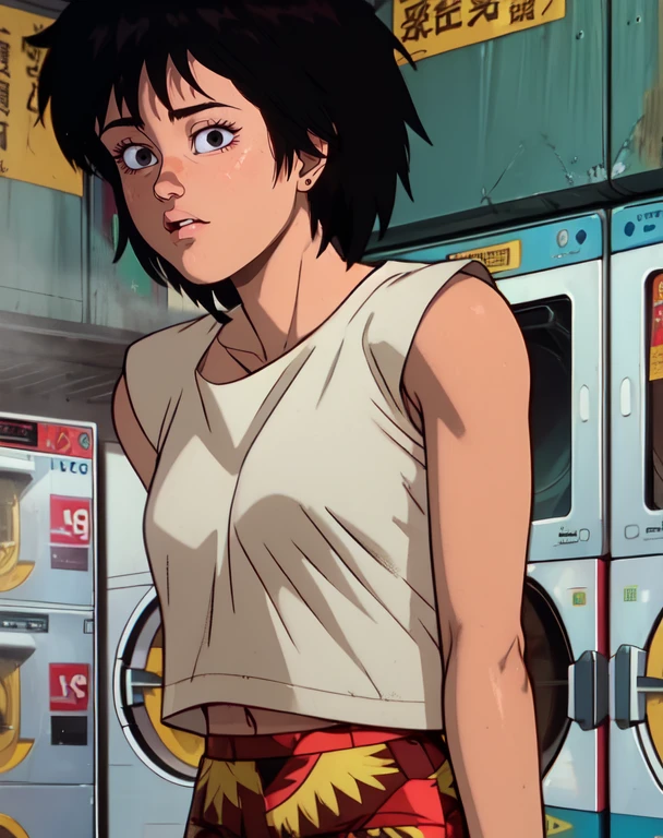Kaori,black eyes,black hair,
white shirt,midriff,pattern shorts,sleeveless,
standing,upper body,
laundromat,
(insanely detailed, beautiful detailed face, masterpiece, best quality),<lora:Kaori:0.8>,