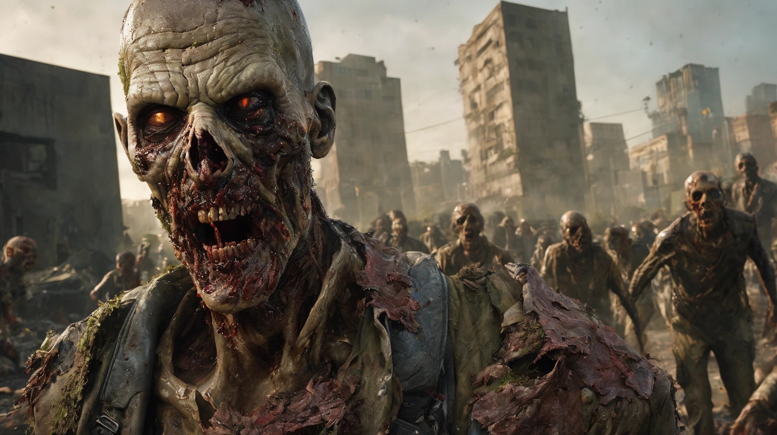 In an award-winning upper body portrait photo, a male zombie emerges, capturing the grim reality of the post-apocalyptic cityscape. The zombie's face is meticulously detailed and rendered with ultra-realism. Pieces of decaying flesh hang off, revealing fragments of his skull, while his white, dead eyes penetrate the viewer's soul. The lighting is carefully crafted to be harsh and cinematic, casting dramatic shadows that accentuate the texture and decay of his skin.
The backdrop portrays a large, old, and decayed city on the brink of collapse. Rust and deterioration are evident, as overgrown plants reclaim the space, symbolizing the desolation of the once-thriving city. The composition is symmetrical, amplifying the sense of hopelessness and despair that permeates the scene.
In the distance, a large group of zombies walks through the overgrown city streets. Each zombie is highly detailed, with intricately rendered hair, eyes, and skin, intensifying the horror of their undead existence. The overall color palette is dark and muted, adding to the somber and macabre ambiance of the post-apocalyptic world.
The artwork is illuminated with cinematic lighting techniques, utilizing ray tracing and volumetric lighting to enhance the realism and atmosphere, The high-resolution image captures every minute detail, including the texture of decaying skin, the pores, and the chilling coldness of the zombie's appearance, nsfw,
The final artwork should be a photorealistic and highly detailed representation, evoking a sense of horror and despair. Techniques such as depth of field and textured skin should be employed to add depth and realism to the image, immersing the viewer in the disturbing nature of the zombie apocalypse., White dead eyes, best quality, ultra-detailed, high res, perfect face, lighting, ray tracing, realistic, depth of field, High detail RAW color, 
bloody, detailed, intricate, rotting zombie, photorealistic, decay skin, overgrown plants, perfect anatomy, Unreal Engine, ultra realistic skin, ultra realistic face, ultra realistic background, ultra realistic Environmental,
lost place, dark, Zombie, disturbing, zombie Apocalypse, realistic, highly detailed, cinematic light, falling apart, realistic, symmetrical, highly detailed, harsh lighting, cinematic lighting, contrast, textured skin, cold skin pores, hasselblad, hard light, gigapixel, 85mm, F/4, Large group of zombies walking in the background, photorealistic, dark, sad, highly detailed hair, highly detailed eyes, highly detailed skin,
intricate details, hdr, hyperdetailed, cinematic, dark shot, muted colors, RTX, full details, High-Quality Artwork, ultra realistic, Wide angle Environmental,
volumetric lighting, highly detailed, horror, sharp focus, extremely detailed, photorealistic, RAW image, 8k high resolution, RAW candid cinema, 16mm, color graded Portra 400 film, ultra realistic, cinematic film still, subsurface scattering, ray tracing, volumetric lighting, guts, badass, blood on the ground, epic, masterpiece, best quality, highres, intricate detail, cinematic lighting, fantasy, intricate, elegant, Highly detailed graphic designs, High-Quality Artwork, ultra realistic, 8k render,
 highly detailed, dark fantasy, horror, cataclysmic, absurdres, best quality, digital art style <lora:greg_rutkowski_xl_2:0.78543>