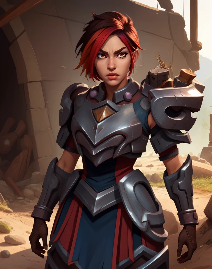 Ash,short multicolored hair,brown eyes,lips,
serious expression,single shoulder armor,armor,pelvic curtain,
standing,
battle ground,morning,
(insanely detailed, beautiful detailed face, masterpiece, beautiful detailed eyes, best quality),<lora:ASH-10PLDv8:0.8>,