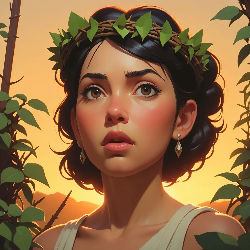 designed by greg manchess, gil elvgren, sachin teng, greg rutkowski and ilya kuvshinov, pretty, landscape of a Aesthetically Pleasing (The Crown of Thorns:1.3) from inside of The Elysian Fields, foliage, at Golden hour, Hopeless, behance, Atompunk, Warm lighting, BW