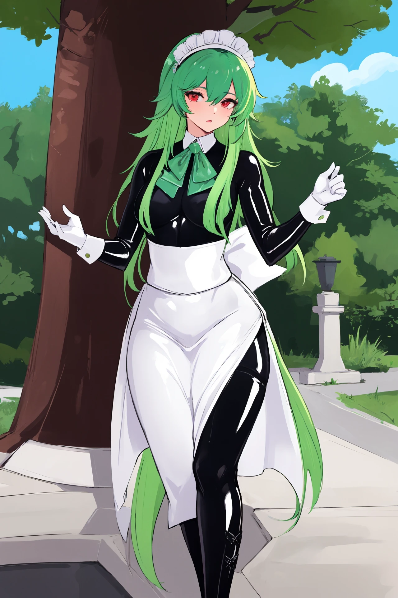 illustration, 1girl wearing latex bodysuit, mature female, 20-year-old, cowboy shot,
tall female, tally, red eyes, black hair, streaked hair, multicolored hair, green hair, very long hair,
thigh boots, (latex:1.2), (black latex bodysuit:1.2), white latex gloves, long sleeves, white latex boots, white latex skirt, latex legwear, latex maid outfit, maid, maid headdress, (long skirt:1.2),
looking at viewer, day, blue sky, summer, outdoors, park, grass, tree,
shiny sissy luxury latex dress for doll,
masterpiece, best quality, ultra detailed, high quality, perfect anatomy, solo, pose, (tesomu:1.2) <lora:tesomu-10-epoch:0.7>