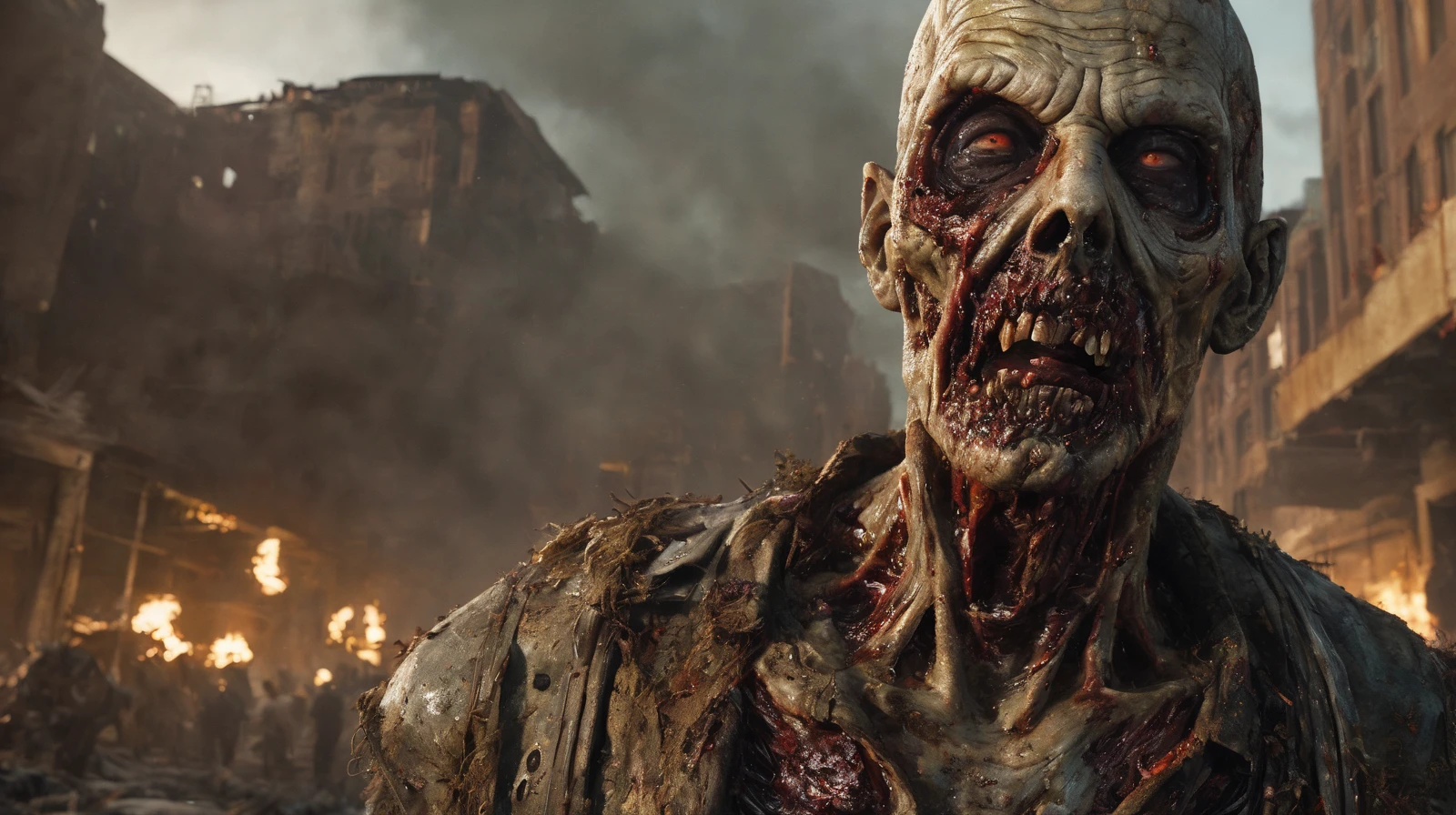 In an award-winning upper body portrait photo, a male zombie emerges, capturing the grim reality of the post-apocalyptic cityscape. The zombie's face is meticulously detailed and rendered with ultra-realism. Pieces of decaying flesh hang off, revealing fragments of his skull, while his white, dead eyes penetrate the viewer's soul. The lighting is carefully crafted to be harsh and cinematic, casting dramatic shadows that accentuate the texture and decay of his skin.
The backdrop portrays a large, old, and decayed city on the brink of collapse. Rust and deterioration are evident, as overgrown plants reclaim the space, symbolizing the desolation of the once-thriving city. The composition is symmetrical, amplifying the sense of hopelessness and despair that permeates the scene.
In the distance, a large group of zombies walks through the overgrown city streets. Each zombie is highly detailed, with intricately rendered hair, eyes, and skin, intensifying the horror of their undead existence. The overall color palette is dark and muted, adding to the somber and macabre ambiance of the post-apocalyptic world.
The artwork is illuminated with cinematic lighting techniques, utilizing ray tracing and volumetric lighting to enhance the realism and atmosphere, The high-resolution image captures every minute detail, including the texture of decaying skin, the pores, and the chilling coldness of the zombie's appearance, nsfw,
The final artwork should be a photorealistic and highly detailed representation, evoking a sense of horror and despair. Techniques such as depth of field and textured skin should be employed to add depth and realism to the image, immersing the viewer in the disturbing nature of the zombie apocalypse., White dead eyes, best quality, ultra-detailed, high res, perfect face, lighting, ray tracing, realistic, depth of field, High detail RAW color, 
bloody, detailed, intricate, rotting zombie, photorealistic, decay skin, overgrown plants, perfect anatomy, Unreal Engine, ultra realistic skin, ultra realistic face, ultra realistic background, ultra realistic Environmental,
lost place, dark, Zombie, disturbing, zombie Apocalypse, realistic, highly detailed, cinematic light, falling apart, realistic, symmetrical, highly detailed, harsh lighting, cinematic lighting, contrast, textured skin, cold skin pores, hasselblad, hard light, gigapixel, 85mm, F/4, Large group of zombies walking in the background, photorealistic, dark, sad, highly detailed hair, highly detailed eyes, highly detailed skin,
intricate details, hdr, hyperdetailed, cinematic, dark shot, muted colors, RTX, full details, High-Quality Artwork, ultra realistic, Wide angle Environmental,
volumetric lighting, highly detailed, horror, sharp focus, extremely detailed, photorealistic, RAW image, 8k high resolution, RAW candid cinema, 16mm, color graded Portra 400 film, ultra realistic, cinematic film still, subsurface scattering, ray tracing, volumetric lighting, guts, badass, blood on the ground, epic, masterpiece, best quality, highres, intricate detail, cinematic lighting, fantasy, intricate, elegant, Highly detailed graphic designs, High-Quality Artwork, ultra realistic, 8k render,
 highly detailed, dark fantasy, horror, cataclysmic, absurdres, best quality, digital art style <lora:greg_rutkowski_xl_2:0.78543>