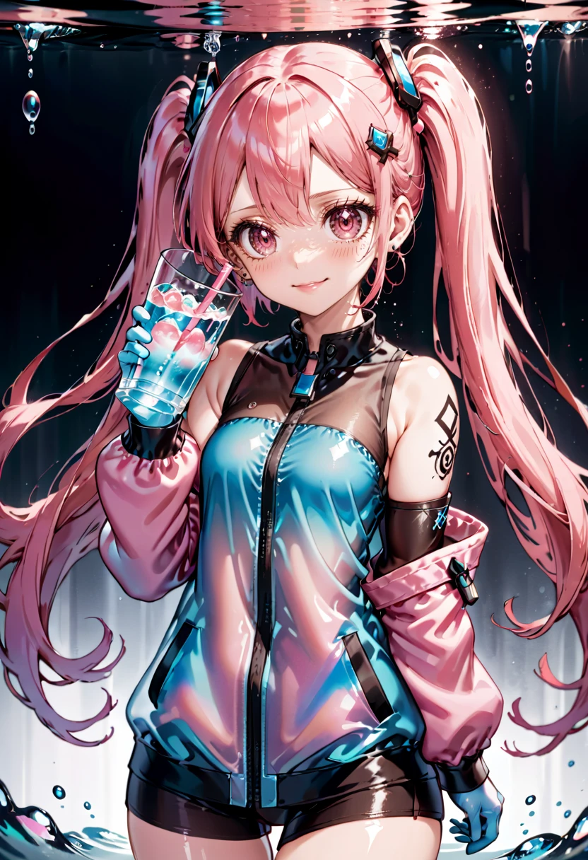 <lora:AgendaMixSDXL:0.8> AgendaMix Style, 1girl, ahoge, bare shoulders, blush, bubble, cup, detached sleeves, drinking glass, drinking straw, gloves, hair between eyes, hair ornament, hairclip, headphones, headset, holding, holding cup, ice cube, in container, jacket, long hair, long sleeves, looking at viewer, open clothes, open jacket, parted lips, partially submerged, pink eyes, pink gloves, pink hair, puffy long sleeves, see-through, shirt, sleeveless, smile, solo, submerged, tattoo, twintails, upper body, very long hair, water