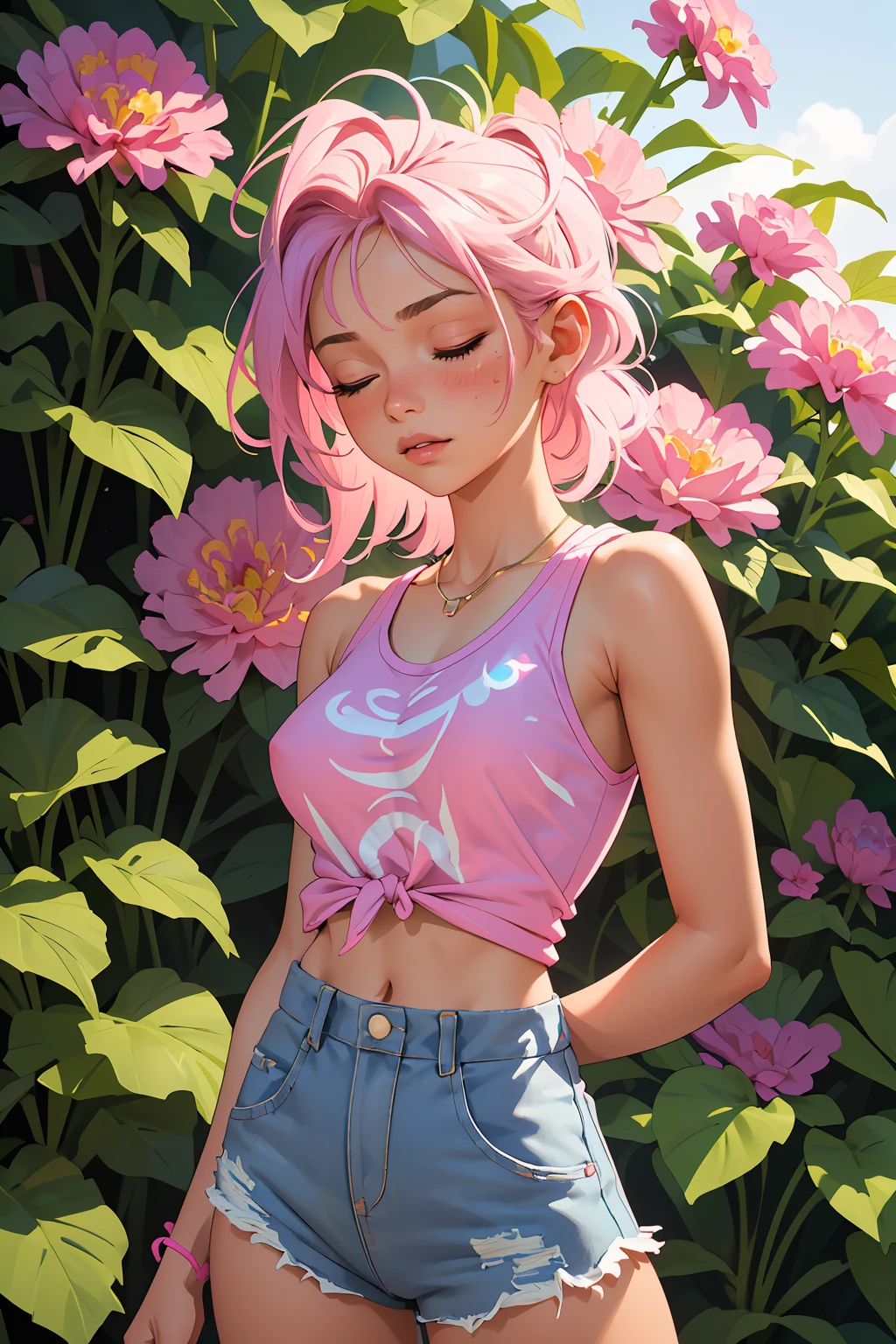 (masterpiece, best quality), 1girl, Watermelon pink Caesar Cut with High Fade, Size B breasts, Lilac Pink Tie-dye tank top and High-waisted denim jogger pants with a drawstring waist, tube socks, Standing in a garden, smelling a flower, with closed eyes, enjoying the fragrance.