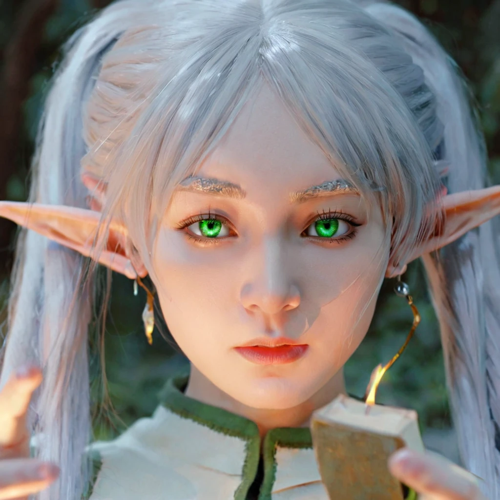 realistic, cinematic, (detailed), (highly detailed), HD, 8k, 4k, a photo of a elf girl casting spell, ((solo)),<lora:frieren-000006:1> frieren, long_hair, pointy_ears, elf, bangs, earrings, jewelry, twintails, green_eyes, white_hair