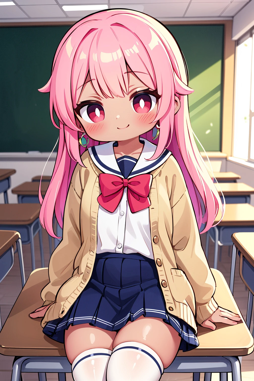 vibrant colors, female, masterpiece, sharp focus, best quality, depth of field, cinematic lighting, thighhighs, white thighhighs, sitting, skirt, cardigan, multicolored hair, pink hair, blush, green hair, long hair, bow, desk, long sleeves, red eyes, smile, indoors, shirt, school uniform, brown cardigan, pleated skirt, bowtie, school desk, classroom, skindentation, zettai ryouiki, blue skirt, white shirt, chair, plaid, earrings, colored inner hair, dark_skin,
负向提示