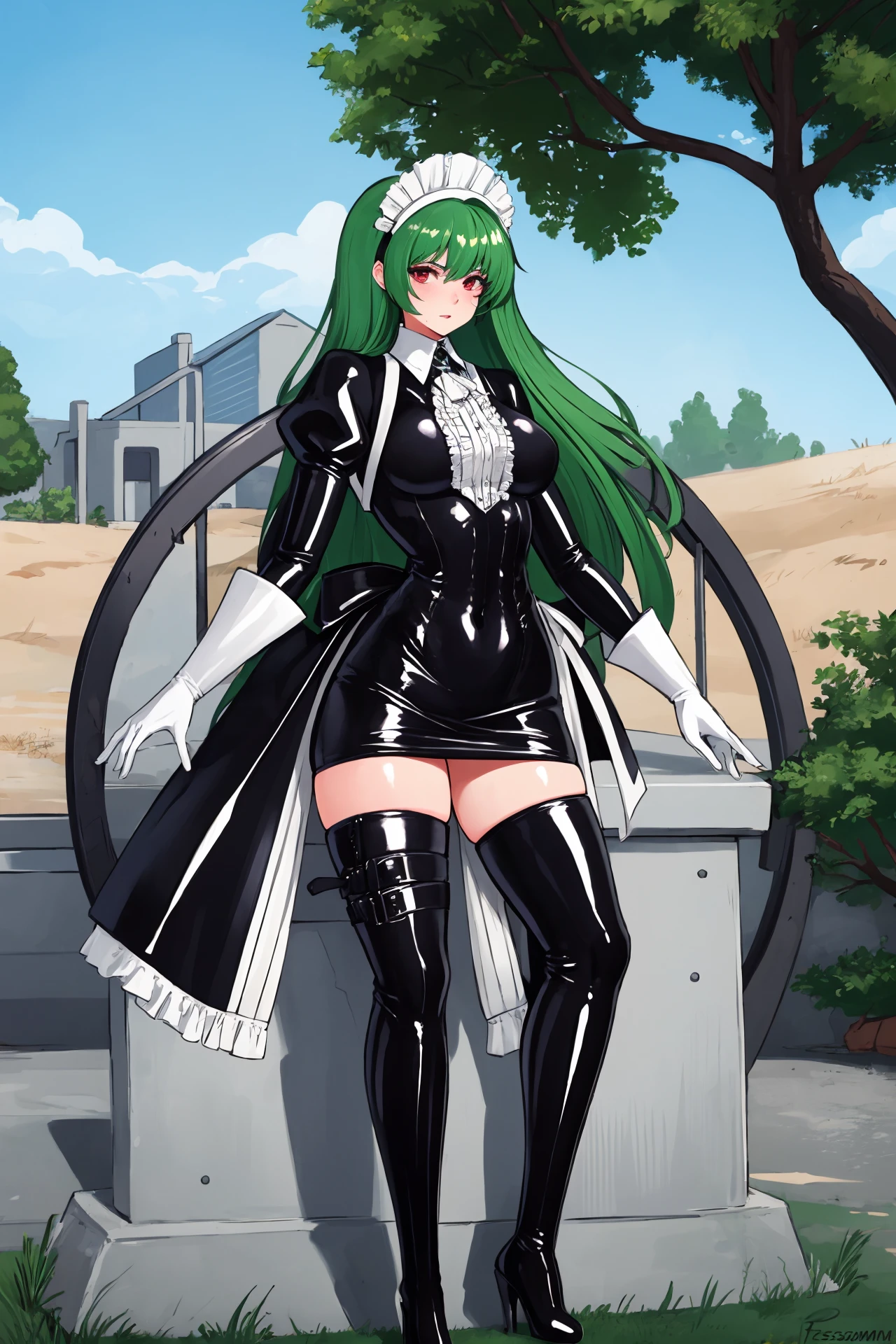 illustration, 1girl wearing latex bodysuit, mature female, 20-year-old, cowboy shot,
tall female, tally, red eyes, black hair, streaked hair, multicolored hair, green hair, very long hair,
thigh boots, (latex:1.2), (black latex bodysuit:1.2), white latex gloves, long sleeves, white latex boots, white latex skirt, latex legwear, latex maid outfit, maid, maid headdress, (long skirt:1.2),
looking at viewer, day, blue sky, summer, outdoors, park, grass, tree,
shiny sissy luxury latex dress for doll,
masterpiece, best quality, ultra detailed, high quality, perfect anatomy, solo, pose, (tesomu:1.2) <lora:tesomu-10-epoch:0.7>