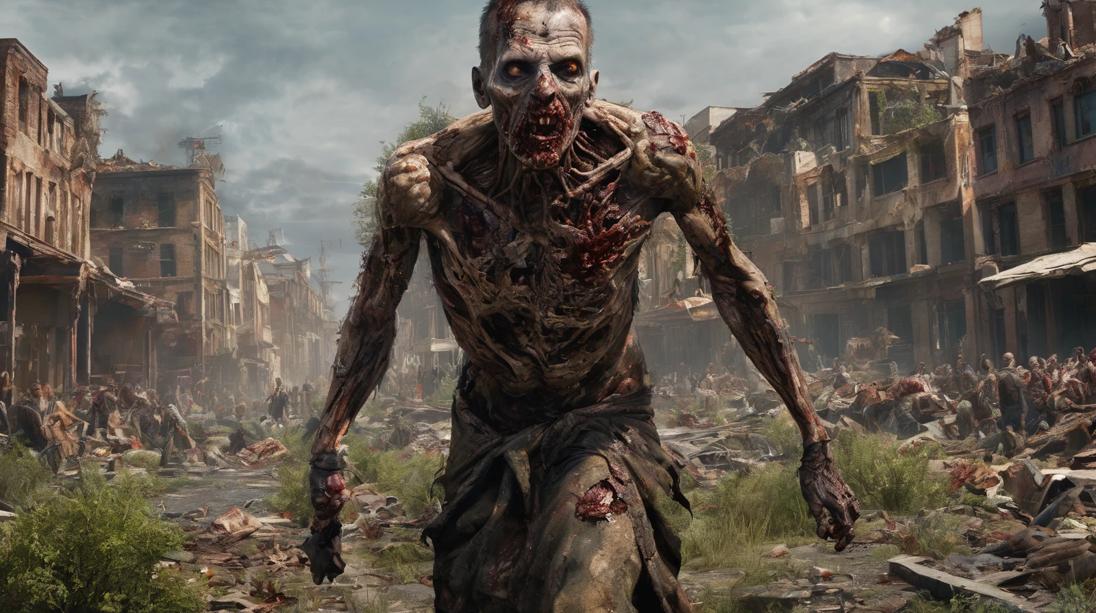 In an award-winning upper body portrait photo, a male zombie emerges, capturing the grim reality of the post-apocalyptic cityscape. The zombie's face is meticulously detailed and rendered with ultra-realism. Pieces of decaying flesh hang off, revealing fragments of his skull, while his white, dead eyes penetrate the viewer's soul. The lighting is carefully crafted to be harsh and cinematic, casting dramatic shadows that accentuate the texture and decay of his skin.
The backdrop portrays a large, old, and decayed city on the brink of collapse. Rust and deterioration are evident, as overgrown plants reclaim the space, symbolizing the desolation of the once-thriving city. The composition is symmetrical, amplifying the sense of hopelessness and despair that permeates the scene.
In the distance, a large group of zombies walks through the overgrown city streets. Each zombie is highly detailed, with intricately rendered hair, eyes, and skin, intensifying the horror of their undead existence. The overall color palette is dark and muted, adding to the somber and macabre ambiance of the post-apocalyptic world.
The artwork is illuminated with cinematic lighting techniques, utilizing ray tracing and volumetric lighting to enhance the realism and atmosphere, The high-resolution image captures every minute detail, including the texture of decaying skin, the pores, and the chilling coldness of the zombie's appearance, nsfw,
The final artwork should be a photorealistic and highly detailed representation, evoking a sense of horror and despair. Techniques such as depth of field and textured skin should be employed to add depth and realism to the image, immersing the viewer in the disturbing nature of the zombie apocalypse., White dead eyes, best quality, ultra-detailed, high res, perfect face, lighting, ray tracing, realistic, depth of field, High detail RAW color, 
bloody, detailed, intricate, rotting zombie, photorealistic, decay skin, overgrown plants, perfect anatomy, Unreal Engine, ultra realistic skin, ultra realistic face, ultra realistic background, ultra realistic Environmental,
lost place, dark, Zombie, disturbing, zombie Apocalypse, realistic, highly detailed, cinematic light, falling apart, realistic, symmetrical, highly detailed, harsh lighting, cinematic lighting, contrast, textured skin, cold skin pores, hasselblad, hard light, gigapixel, 85mm, F/4, Large group of zombies{Males/Females} walking in the background, photorealistic, dark, sad, highly detailed hair, highly detailed eyes, highly detailed skin,
intricate details, hdr, hyperdetailed, cinematic, dark shot, muted colors, RTX, full details, High-Quality Artwork, ultra realistic, Wide angle Environmental,
volumetric lighting, highly detailed, horror, sharp focus, extremely detailed, photorealistic, RAW image, 8k high resolution, RAW candid cinema, 16mm, color graded Portra 400 film, ultra realistic, cinematic film still, subsurface scattering, ray tracing, volumetric lighting, guts, badass, blood on the ground, epic, masterpiece, best quality, highres, intricate detail, cinematic lighting, fantasy, intricate, elegant, Highly detailed graphic designs, High-Quality Artwork, ultra realistic, 8k render,
 highly detailed, dark fantasy, horror, cataclysmic, absurdres, best quality, digital art style <lora:greg_rutkowski_xl_2:0.78543>