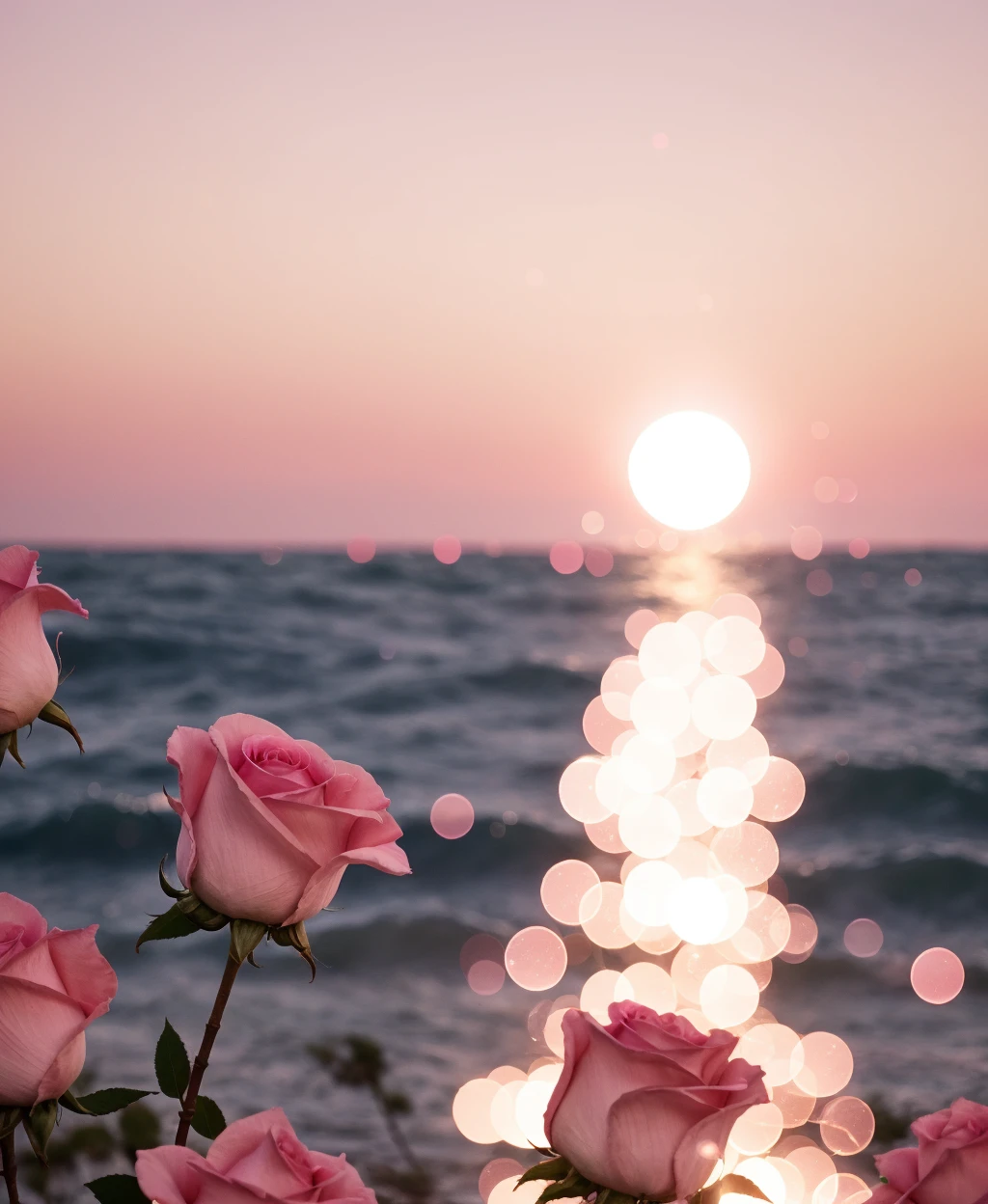 cinematic film still Pink moon, pink sky, pastel pink clouds, pink waves sparkling, sparkling, pink roses on pink ocean, fantasy, soft lighting, ultra hd, realism, cinematic effects, lens flare, aperture 16
. shallow depth of field, vignette, highly detailed, high budget, bokeh, cinemascope, moody, epic, gorgeous, film grain, grainy