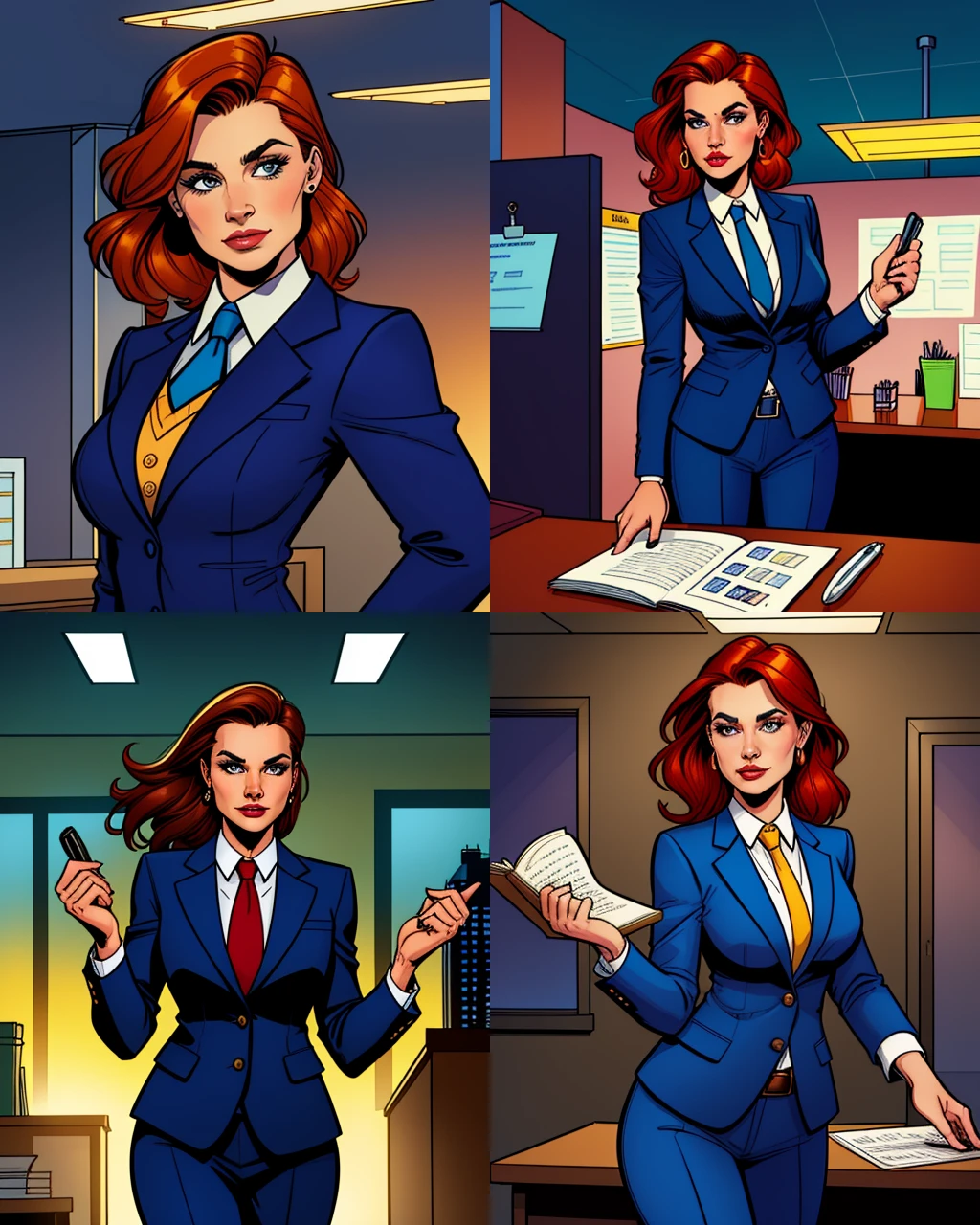 pretty woman wearing a business suit, dynamic lighting, upper body, office background, 2D flat, colored illustration, graphic novel style, cross hatching, inked, comic style, sharp, extreme detailed, HD, HDR, 4K, masterpiece, high quality, high resolution, breathtaking, award-winning, professional
