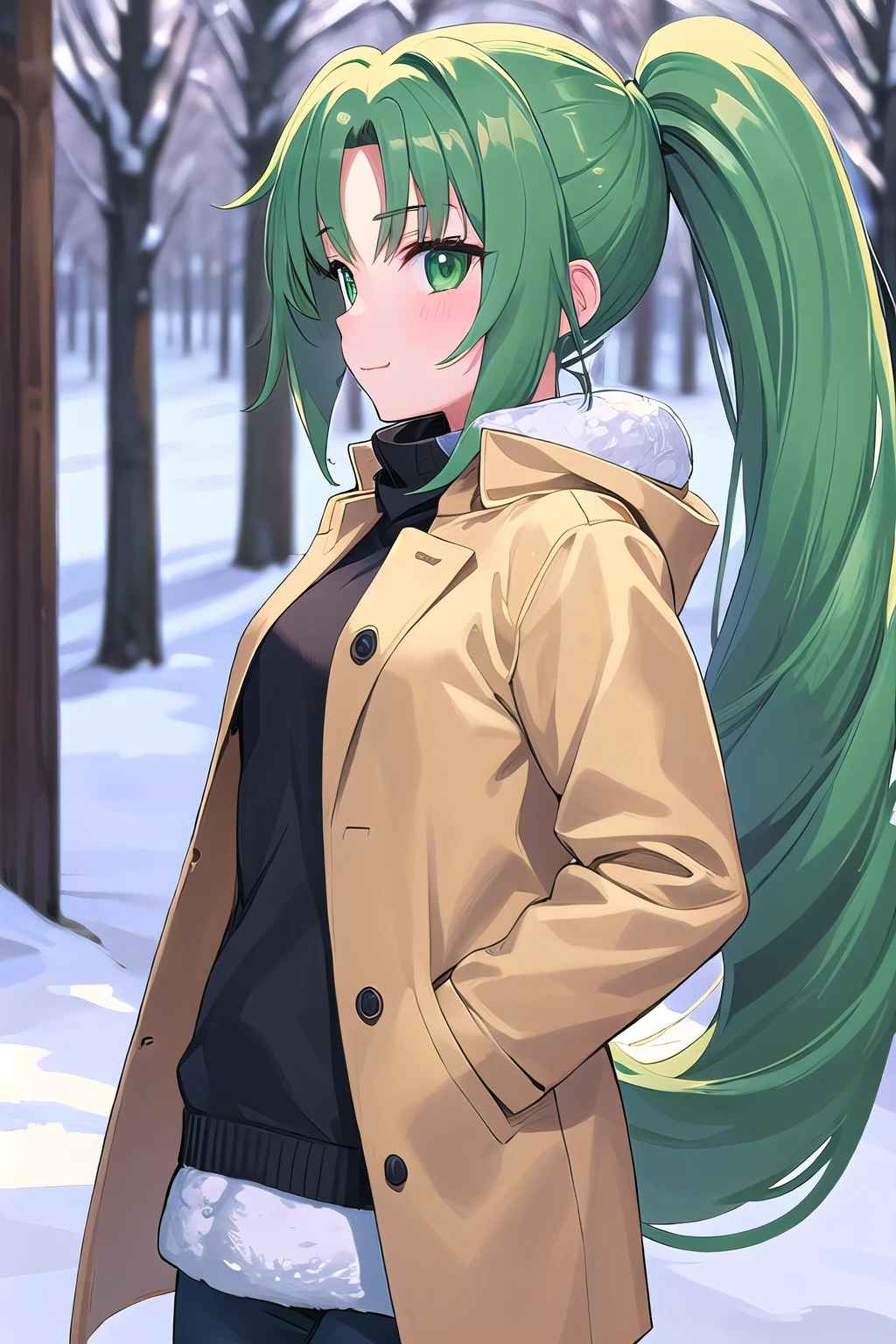 masterpiece, best quality, ultra-high-detailed, 1girl, Mion Sonozaki, green hair, green eyes, ponytail, winter coat, snow, winter, hands in pockets
