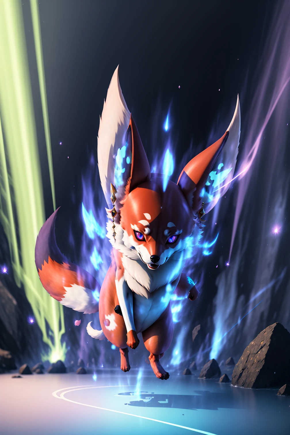 yomama_ultra_instinct, speed line , full body, light from below, particle effect, ((aura:1.2)), <lora:yomama_ultra_instinct_v2-10:0.85> <lora:YaeMikoFox:0.75> YaeMikoFox, no humans, multiple tails, 1 small pink fox, no human, earrings, glowing eyes, fur fluffy,