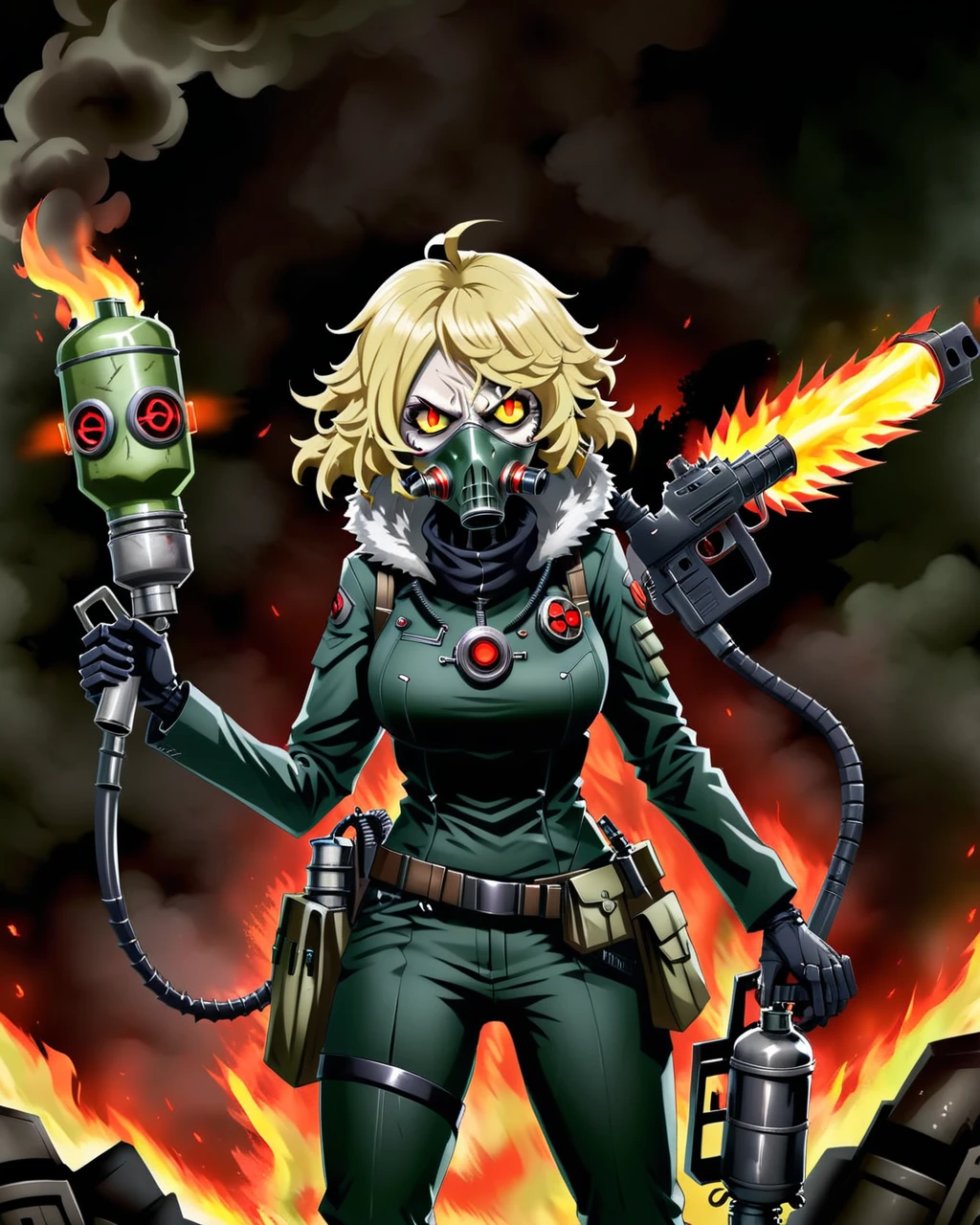 2d,anime,a cybermutant tanya degurechaff with glowing red eyes and cybernetic enhancements wearing a gas mask and holding a flamethrower,full body,scene from youjo senki and hellsing, <lora:Fleshmutant_R2-000003:1>