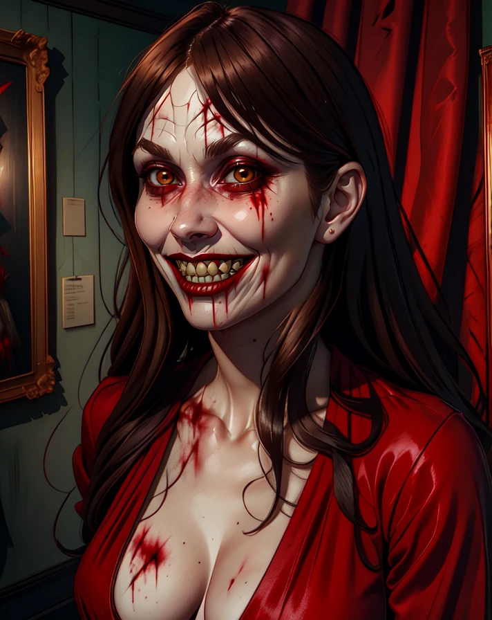 Guardian,brown eyes,red lips,pale skin,long brown hair,
red dress,cleavage cutout,teeth,blood on face,
upper body,smile,in the shadows,
empty museum,red and black curtains,night,
(insanely detailed, beautiful detailed face, masterpiece, best quality),<lora:Guardian-10TEW2v2:0.8>,solo,