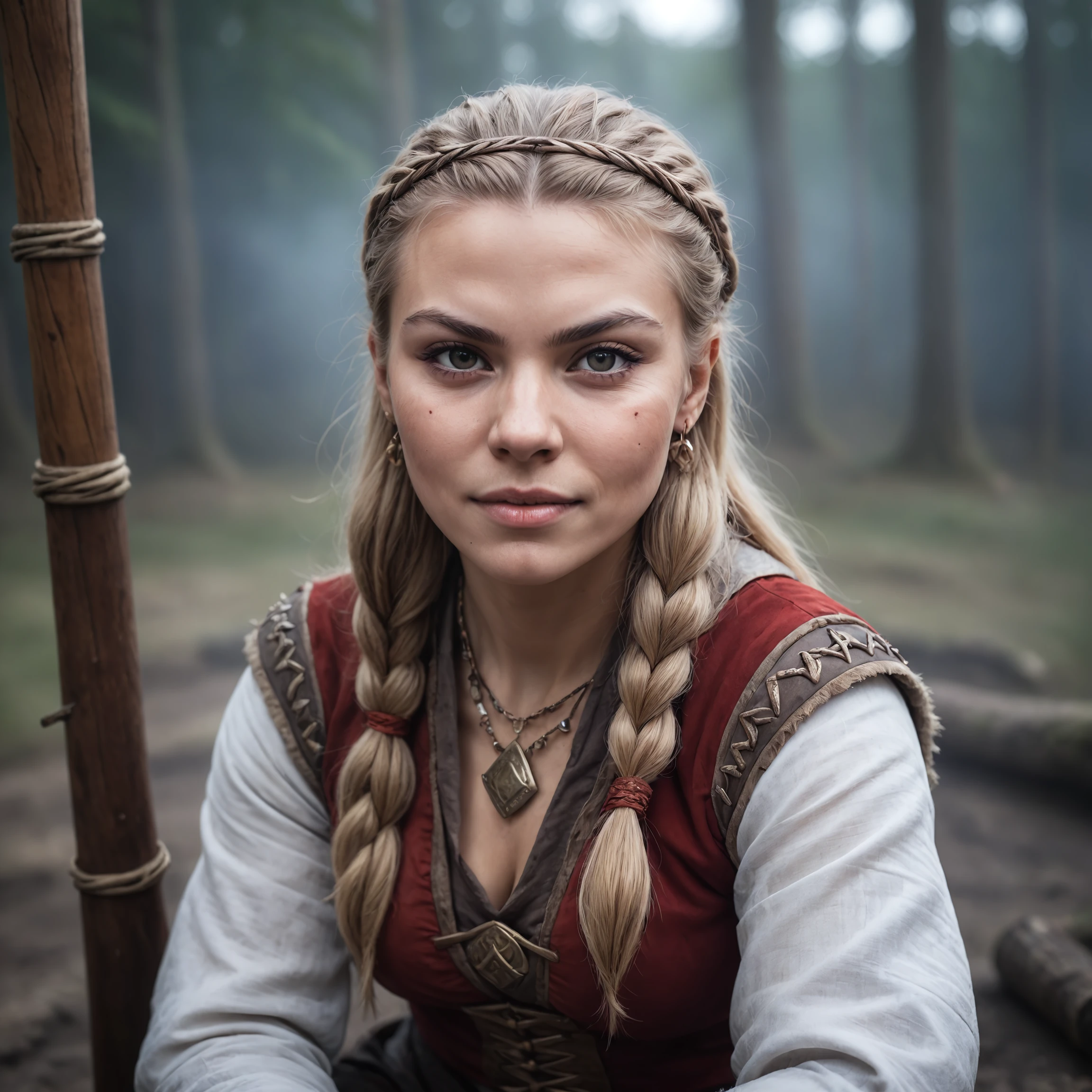 Epic closeup photo insane details of an 25 years old viking woman in a nordic outfit is sitting on a campfire , undefined