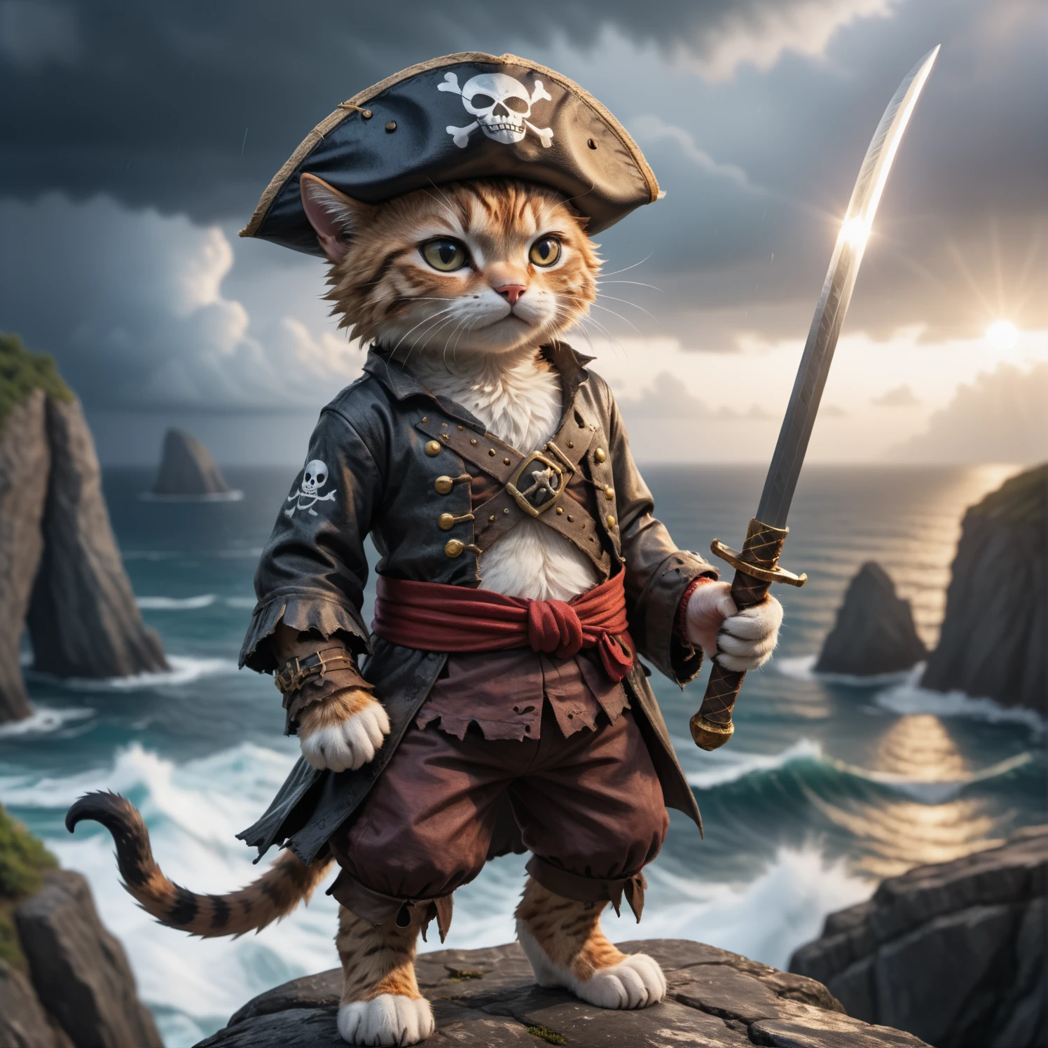 a cute cat pirate one piece outfit wearing a straw hat he is raising his saber and is standing on a cliff and is looking down on an stormy ocean a new dawn is rising on the horizon, high quality photography, 3 point lighting, flash with softbox, 4k, Canon EOS R3, hdr, smooth, sharp focus, high resolution, award winning photo, 80mm, f2.8, bokeh