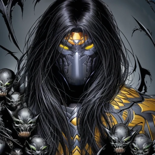 <lora:MTMSImagineComicsStyleV2Lora:0.8> darkness, man with black hair yellow glowing eyes and silver mask wearing black yellow green armor with metal tendrils and spikes and a bunch of monster