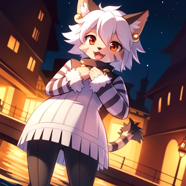 elh, elhattire, 1girl, furry female, (furry:1.2), beautiful lights and shadows, full body, body fur, fur trim, smile, :D, fang, dutch angle, looking at viewer, black pants, standing, arm up, hand on chest, cat ears, white hair, short hair, earrings, red eyes, orange eyes, facial mark, animal nose, striped tail, striped sleeves, (masterpiece, best quality:1.3), detailed background, bridge, on boat, canal <lora:Elh:.9>