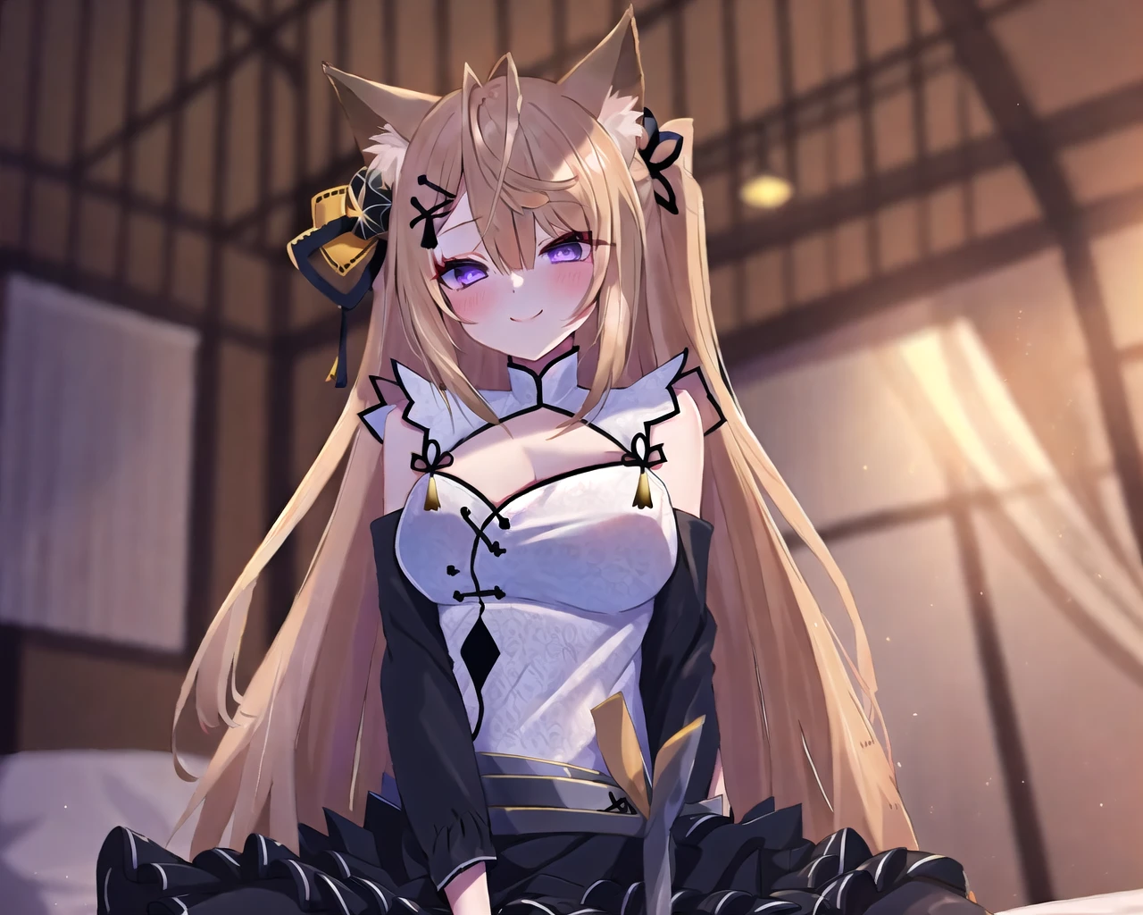 (masterpiece, best quality:1.2), girl, 1girl, solo, kokuri, purple eyes, white chinese clothes, cleavage cutout, fox ears, animal ear fluff, brown blonde very long hair, bangs, ahoge, hair ribbon, hair bell, bare shoulders, detached long black frilled sleeves, frilled black skirt, belt,  BREAK
(lap pillow invitation), wariza, sitting, smile, blush, indoor, cozy bedroom, from below, <lora:Kokuri_10:1>