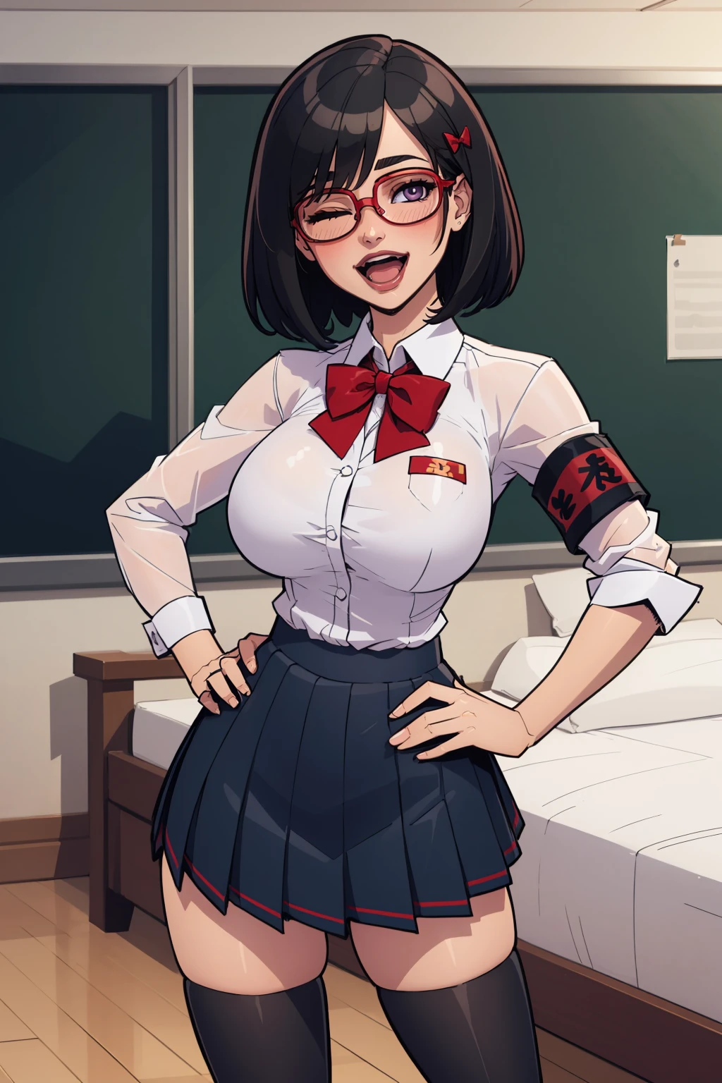 (masterpiece, best quality:1.2),  <lora:balsamique:.95>, balsamique, 1girl, solo, thighhighs, skirt, breasts, armband, glasses, shirt, one eye closed, black thighhighs, pleated skirt, white shirt, hand on hip, red bow, black hair, bow, red bowtie, large breasts, blue skirt, bowtie, short hair, looking at viewer, semi-rimless eyewear, arm behind head, collared shirt, bed, smile, bangs, under-rim eyewear, school uniform, open mouth, long sleeves, blush, black-framed eyewear, indoors, miniskirt, purple eyes