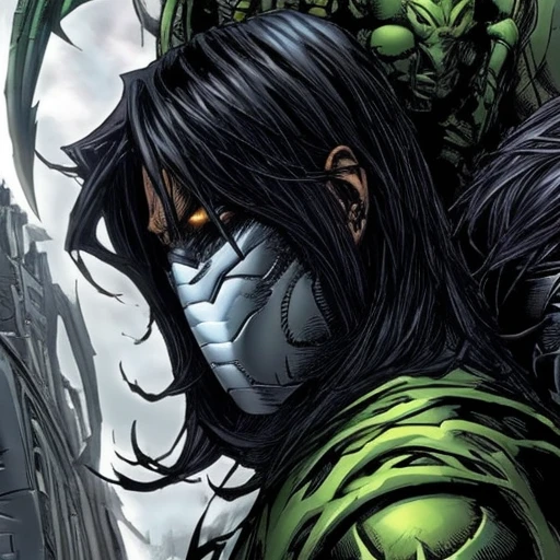 <lora:MTMSImagineComicsStyleV2Lora:0.8> mtms, darkness, a man with black hair and a silver mask fighting monster, green, yellow, silver, armor, spikes, tendrils, with monster on his shoulder