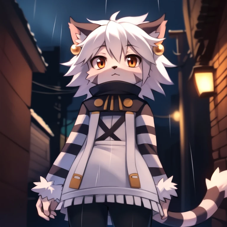 elh, elhattire, 1girl, furry female, full body, body fur, fur trim, :<, looking down, from below, looking at viewer, black pants, standing, arms down, cat ears, white hair, short hair, earrings, orange eyes, facial mark, animal nose, striped tail, striped sleeves, (masterpiece, best quality:1.3), detailed background, night, rain, city, alley <lora:Elh:.9> AS-Younger