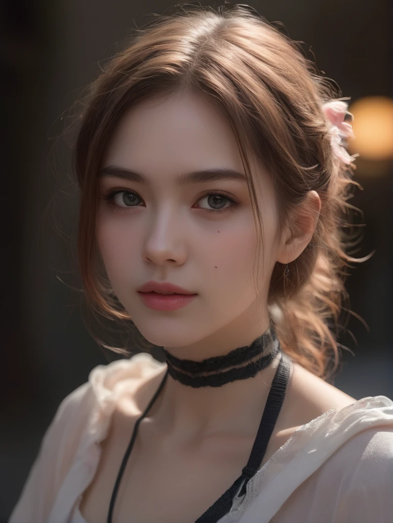 red green black eyes, rutkowski repin, wlop, natural pink hair realistic , image, bokeh, night, of an incredibly beautiful happy, woman anime style , large pefect eyes Jean-Baptiste Monge style, with highlights in her eyes, light freckles pink and white frilly dress and plaited hair with ribbons stanley artgerm lau style, wlop style, rossdraws style, outdoor hyper detailed , (((rich dark shadows))), Wlop, Artgem , artstation, cgsociety, 8K UHD, HDR , fullbody, anime