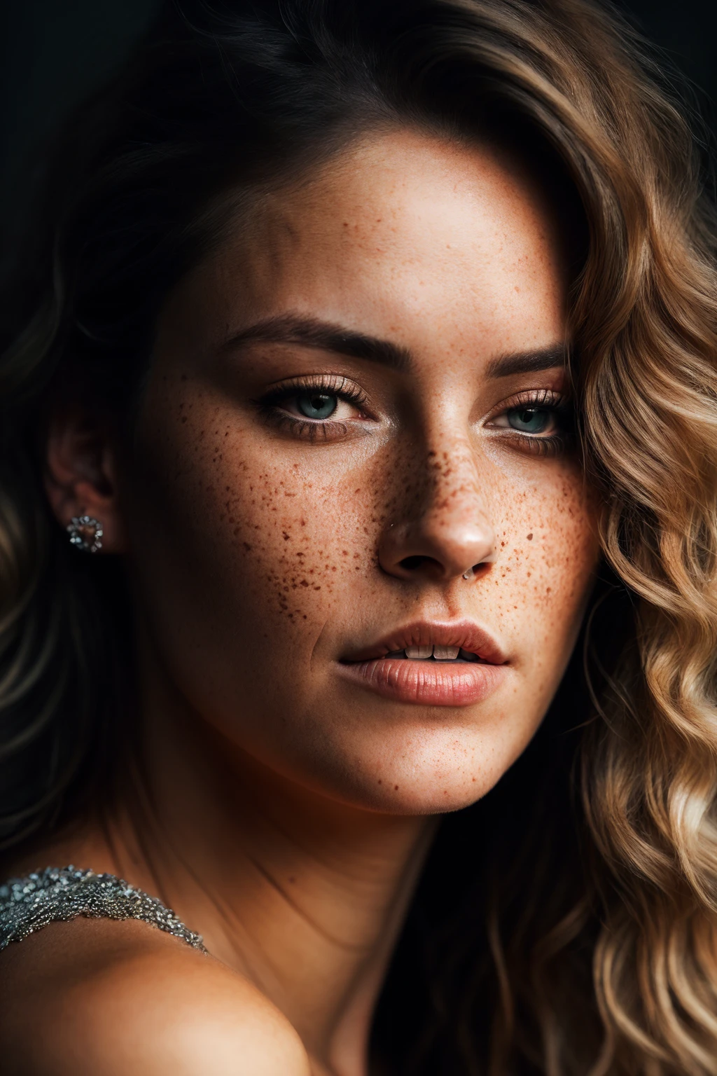 a portrait photo of a beautiful woman with curls and lots of freckles, (dirty blonde hair), (face portrait:1.5), dramatic light , Rembrandt lighting scheme, (hyperrealism:1.2), (photorealistic:1.2), shot with Canon EOS 5D Mark IV, detailed face, detailed hair