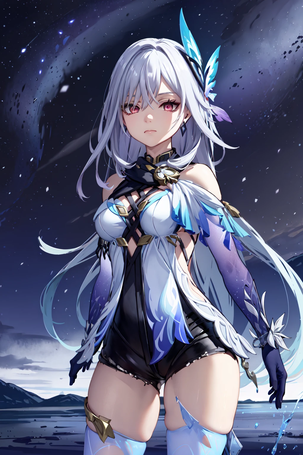 skirk, 1girl, long hair, gloves, breasts, jewelry, bangs, dress, bare shoulders, elbow gloves, looking at viewer, blue gloves, closed mouth, hair ornament, earrings, very long hair, medium breasts, cowboy shot, grey hair, hair between eyes, red eyes, black shorts, standing,
outdoor, landscape <lora:skirk:1>