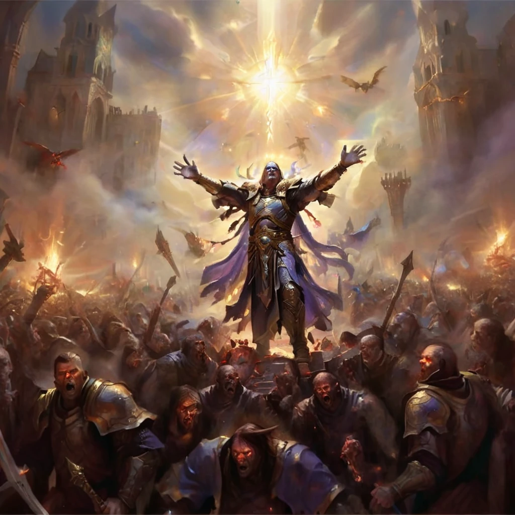 An oil painting depicting Uther from World of Warcraft, radiating with a divine light, hovering above a multitude of zombies. He exhibits an expression of intense anger, his eyes blazing with a righteous fury. The sacred light illuminates him from above, casting dramatic shadows and creating a stark contrast against the dark, undead horde below. The texture of the painting emphasizes the ethereal glow around Uther, while the zombies are rendered in somber, muted tones, enhancing the sense of a celestial battle between light and darkness. <lora:godoil:0.65>, <lora:cinewow-step00000300:0.65>