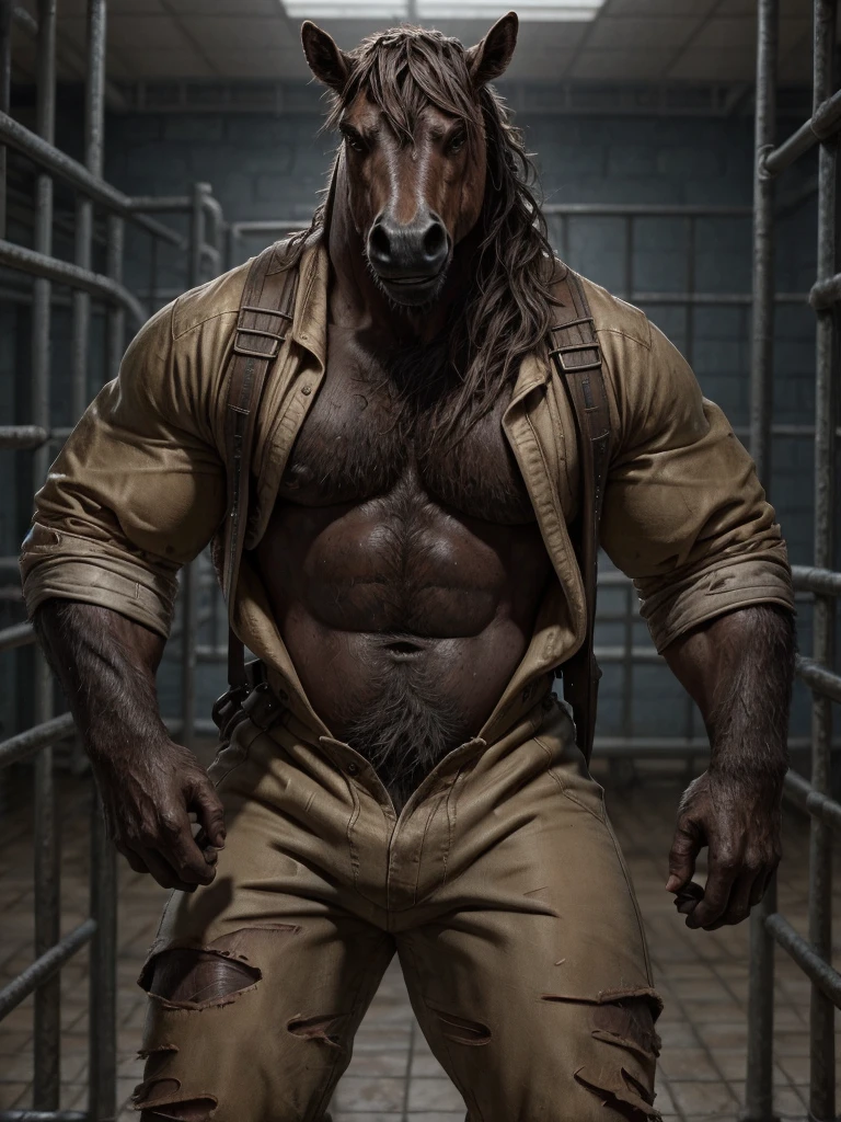 Prison setting, prison cell, Horse, equine, orange clothing, prison jumpsuit, flex, muscular, barazoku, evil grin, torn clothing,
BREAK,
(detailed background:1.2),high detail, film photography, RAW candid cinema, realistic, analog style, best quality, ultra realistic, 8k, (by taran fiddler),