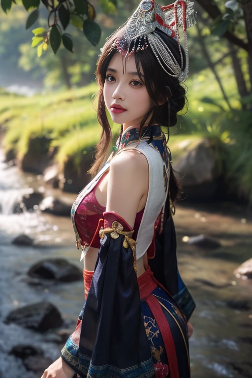 ltra-detailed,highly detailed,best quality,masterpiece,illustration,realistic,
guqinghan,fhz, 1girl, solo, cowboy shot,
hat,hair ornament,hat tassel, chinese clothes, traditional clothes, bare shoulders,dress,  detached sleeves,  jewelry, print clothes,
long hair, bangs,
photo background, photo inset, blurry background, reference inset, outdoors,nature,river,
<lora:guqinghan fhz_v3_06:0.7>