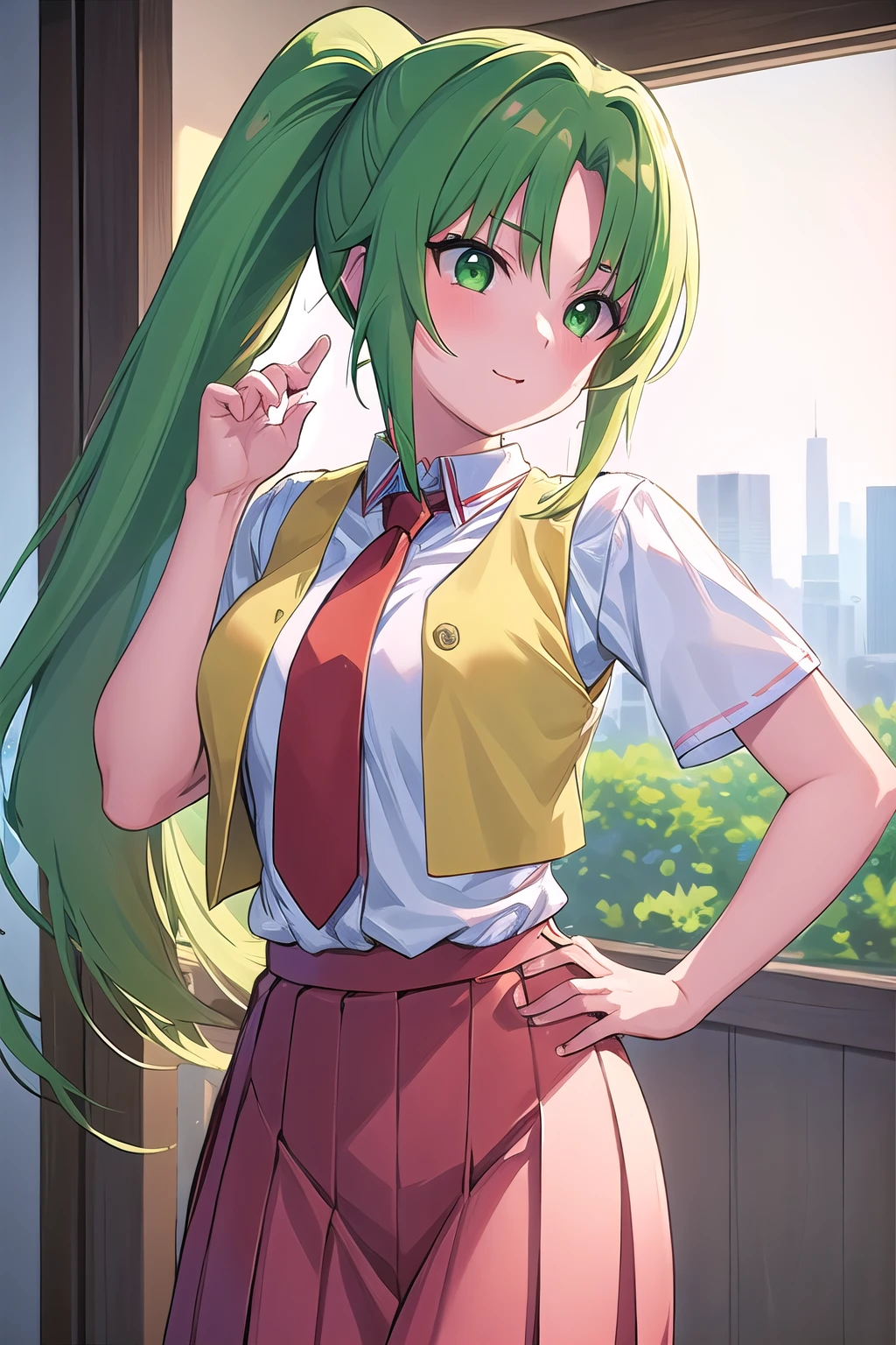 masterpiece, best quality, ultra-high-detailed, 1girl, Mion Sonozaki, green hair, green eyes, ponytail, white shirt, red necktie, yellow vest, red skirt,