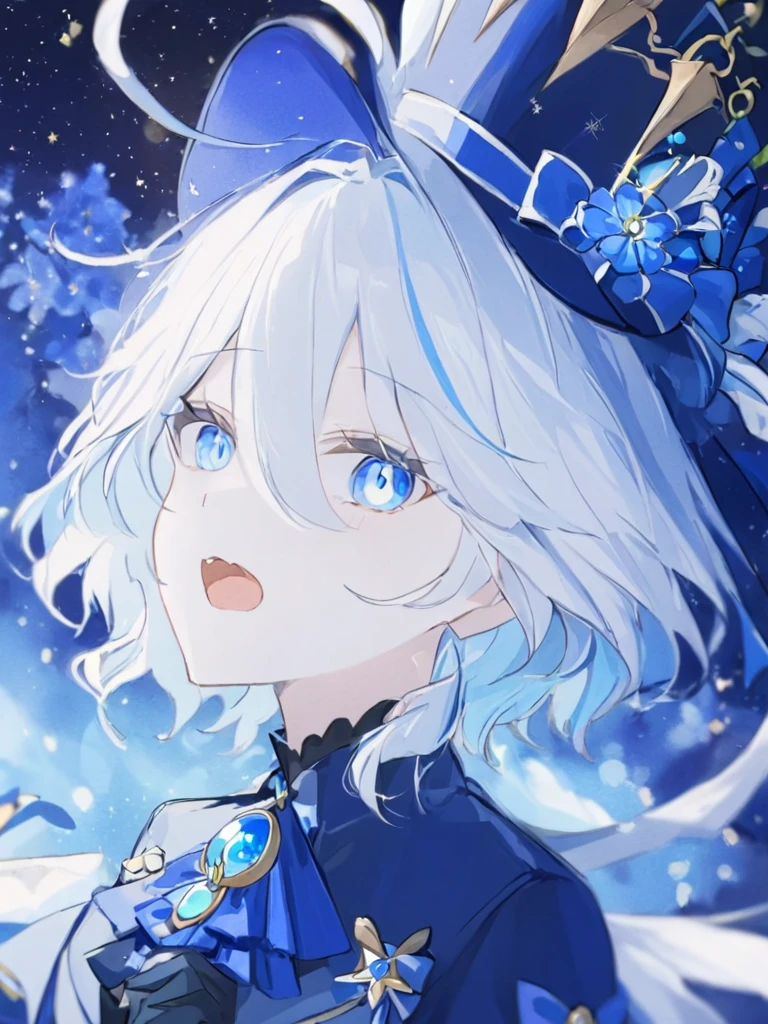 <lora:èå®å¨:1>,1girl, solo, blue_eyes, gloves, hat, looking_at_viewer, bow, blue_hair, open_mouth, white_hair, brooch, short_hair, flower, black_gloves, jewelry, hair_between_eyes, star_\(sky\), hat_bow, upper_body, ahoge, blue_theme, bangs, ascot, long_sleeves, blurry, blue_headwear, blurry_foreground, blue_bow, ribbon, sky, jacket, starry_sky, depth_of_field, blue_shirt, multicolored_hair, blue_flower, black_headwear, hat_flower, hat_feather