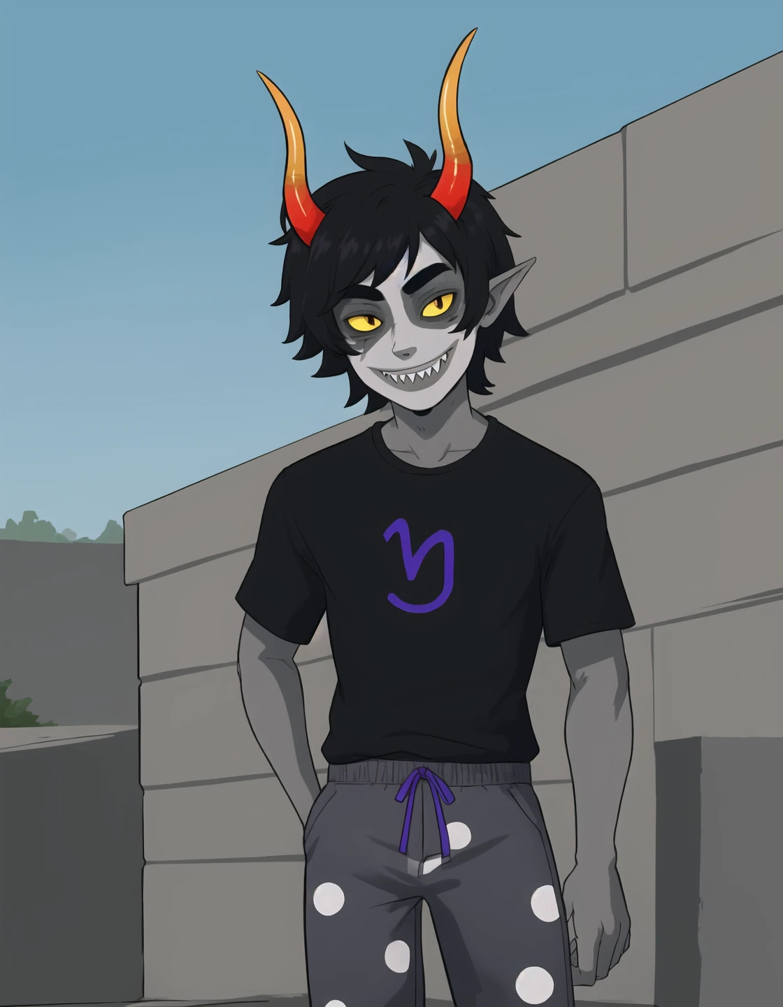 best quality, afterglow, 4k, ((masterpiece)), extremely detailed, 8k, trending on ArtStation, Intricate, High Detail, Sharp focus, gamzee <lora:gamzee:0.9>, solo, 1boy, male focus, black hair, horns, colored skin, grey skin, colored sclera, yellow sclera, sharp teeth, smile, black shirt, t-shirt, polka dot pants, standing, outdoors