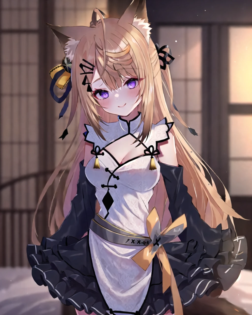 (masterpiece, best quality:1.2), girl, 1girl, solo, kokuri, purple eyes, white chinese clothes, cleavage cutout, fox ears, animal ear fluff, brown blonde very long hair, bangs, ahoge, hair ribbon, hair bell, bare shoulders, detached long black frilled sleeves, frilled black skirt, belt, smile, blush, indoor, cozy bedroom, <lora:Kokuri_10:1>